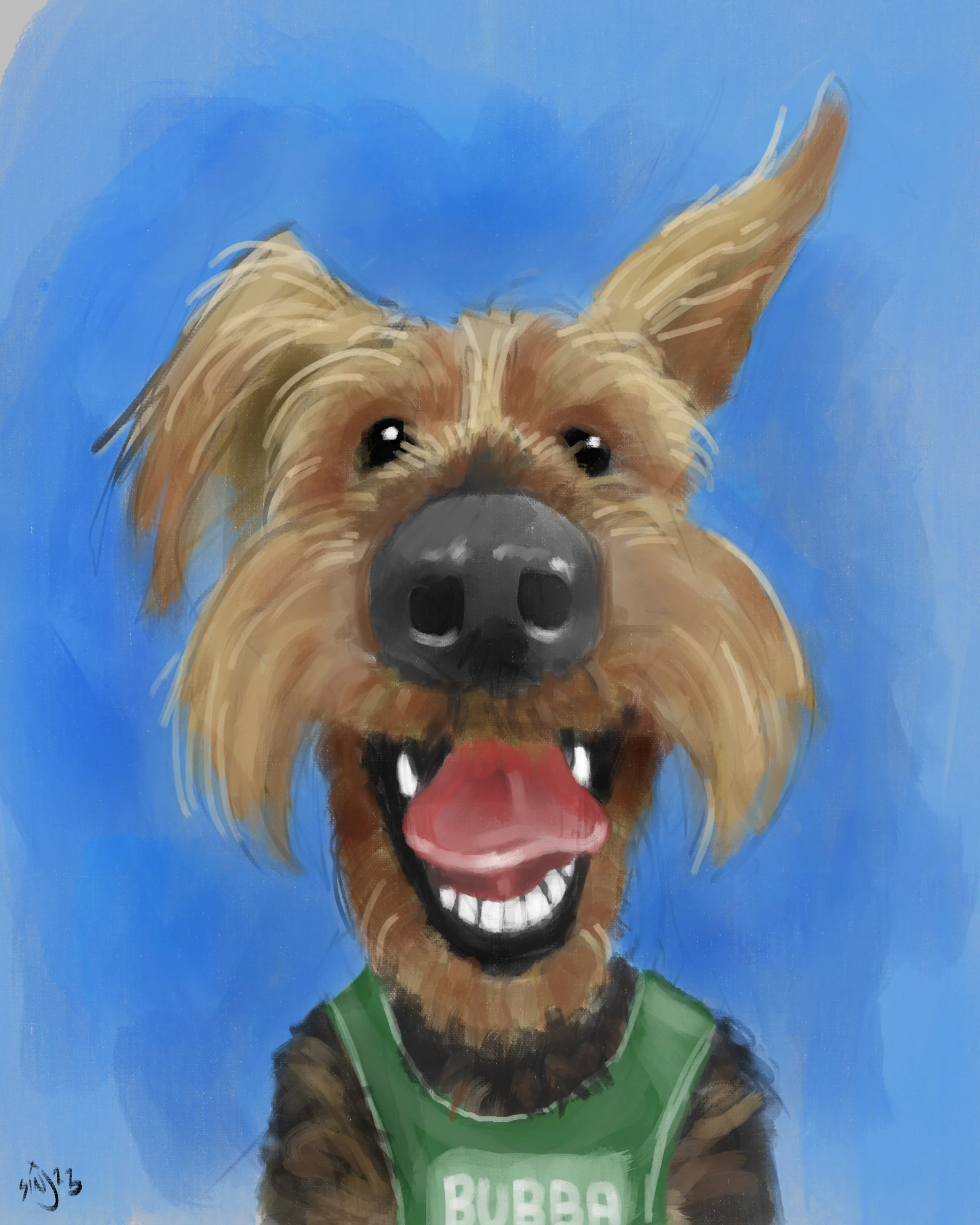 A cheerful illustration of a dog with a big smile, showing teeth, wearing a green shirt with the word 'BUBBA', and set against a blue background.