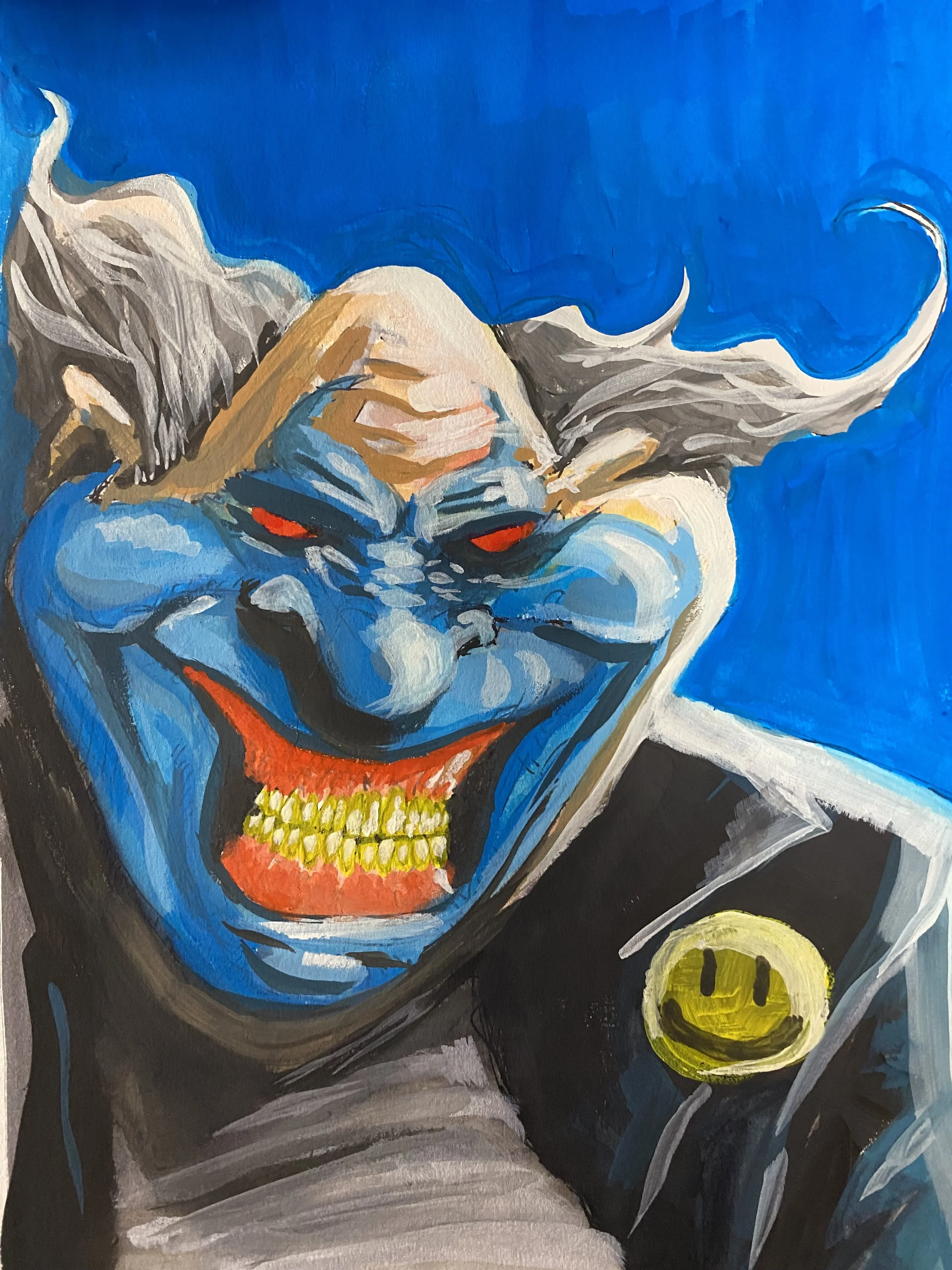 A colorful painting of a grinning clown with blue skin, gray hair, red eyes, and a wide mouth showing yellow teeth, wearing a dark suit with a yellow smiley face badge, against a blue background.