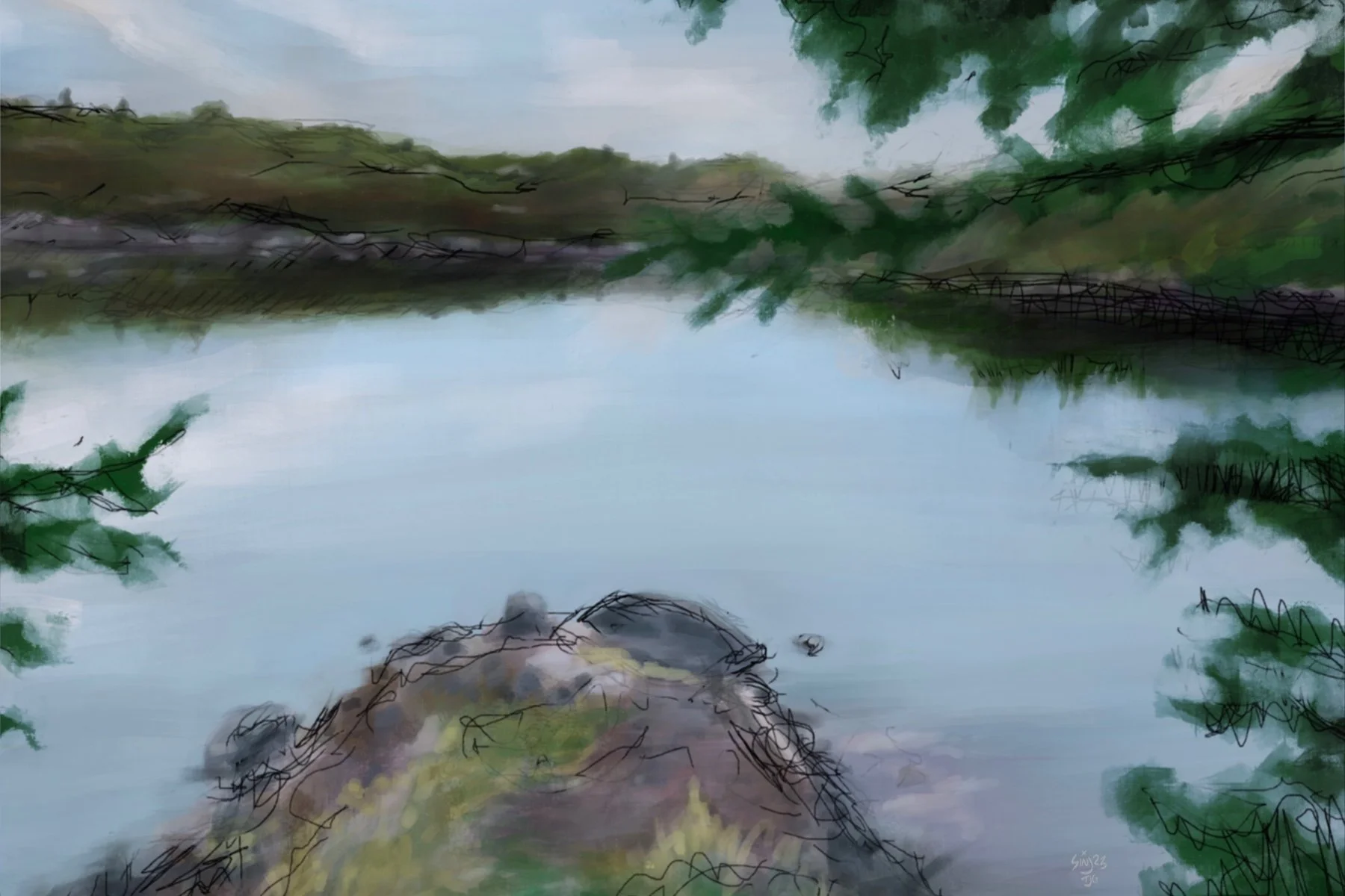 A digital painting of a calm river with reflections of trees on the water, surrounded by green foliage and a cloudy sky.