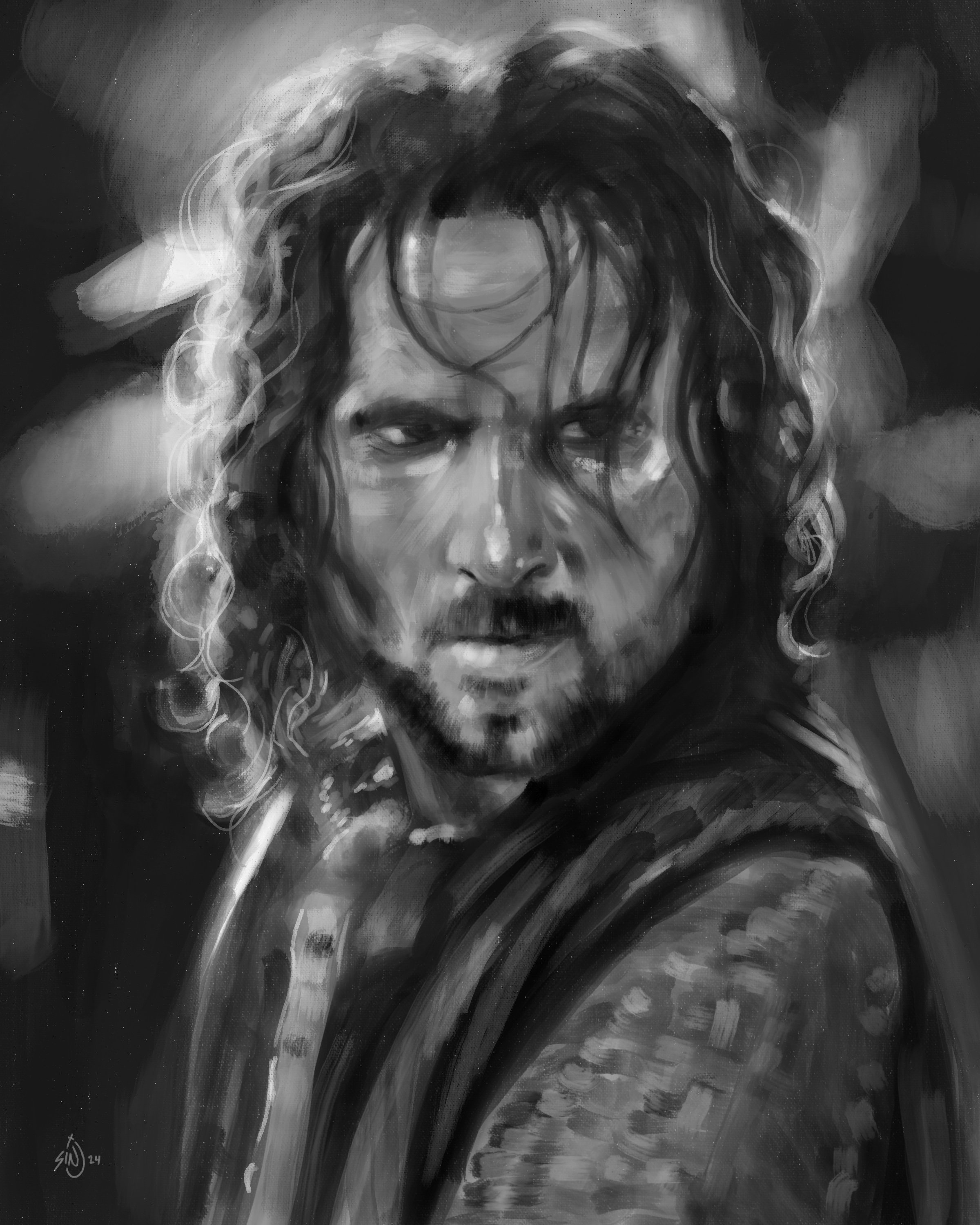 Black and white digital painting of a man with long, wavy hair, a beard, and an intense expression, looking over his shoulder with a stormy sky in the background.