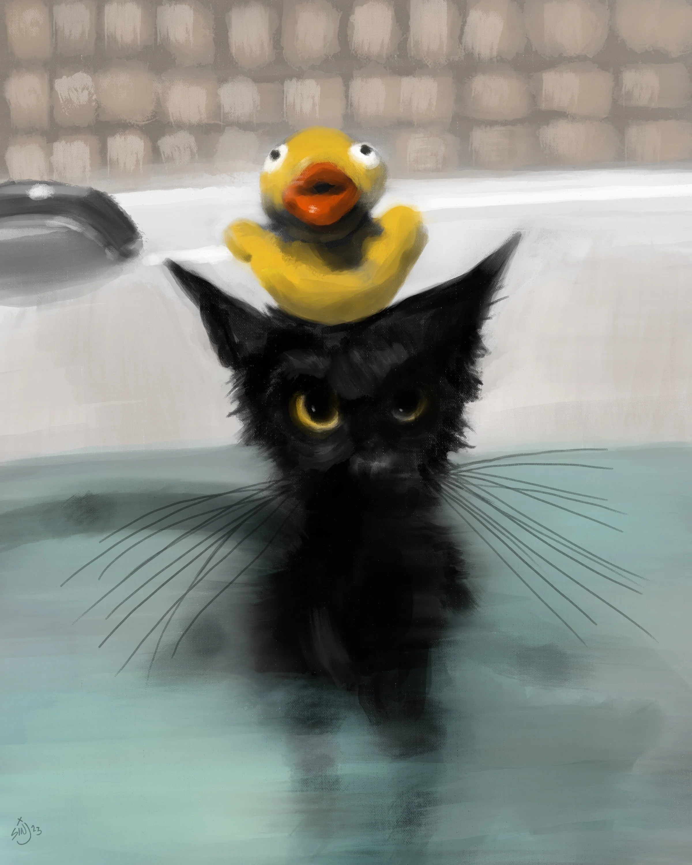 A black kitten with yellow eyes is in a sink or bathtub, with water on its body. A yellow rubber duck with a surprised expression is perched on the kitten's head. The background is a tiled wall.