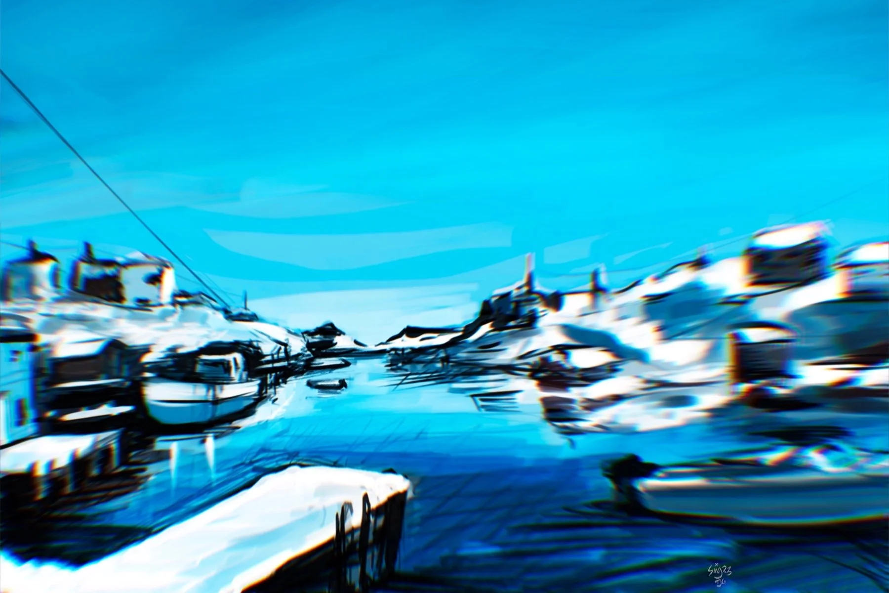 Distorted digital art of a marina with boats docked, blue sky, and water reflection.