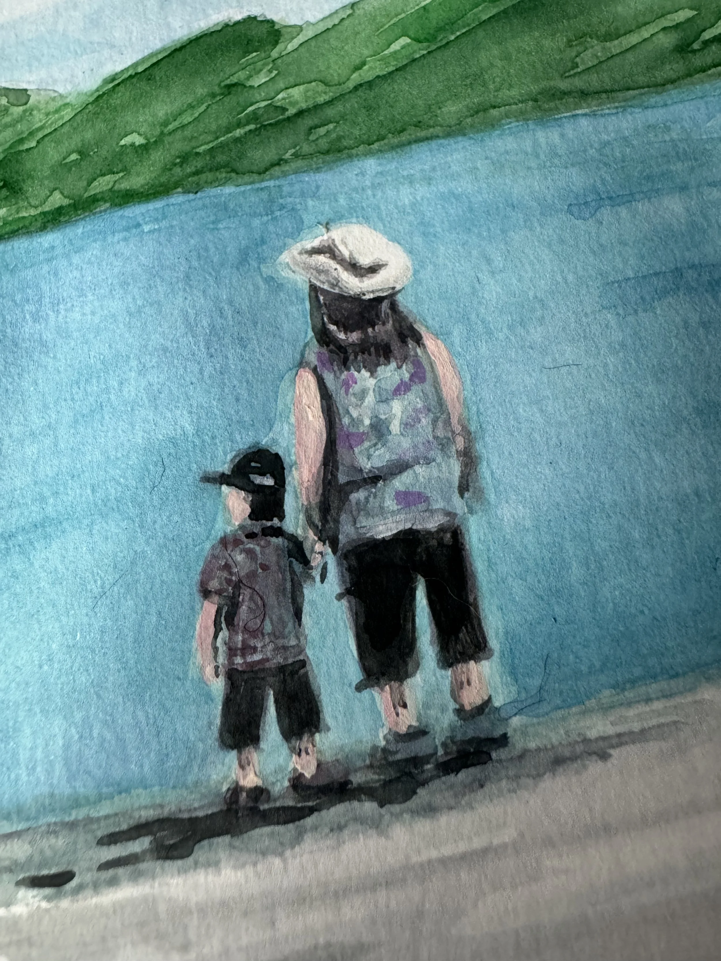 Watercolor painting of an adult and child walking hand in hand along a pathway by a body of water, with green foliage in the background.