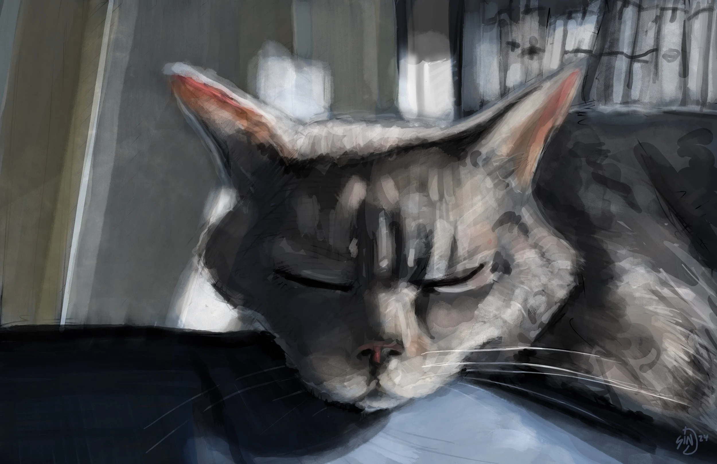 A close-up digital painting of a cat resting its head on a surface with eyes closed, showing detailed fur and ears.