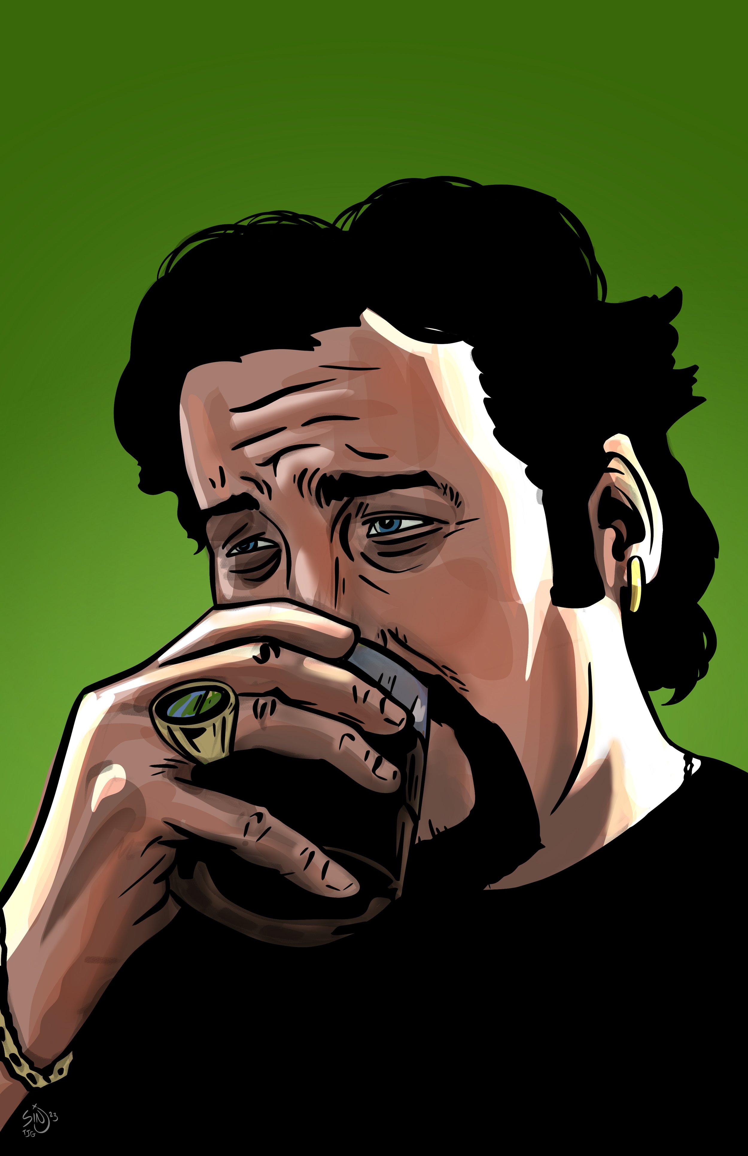 An illustration of a woman with dark hair, wearing a hoop earring and a gold ring, holding a glass to her lips against a green background.