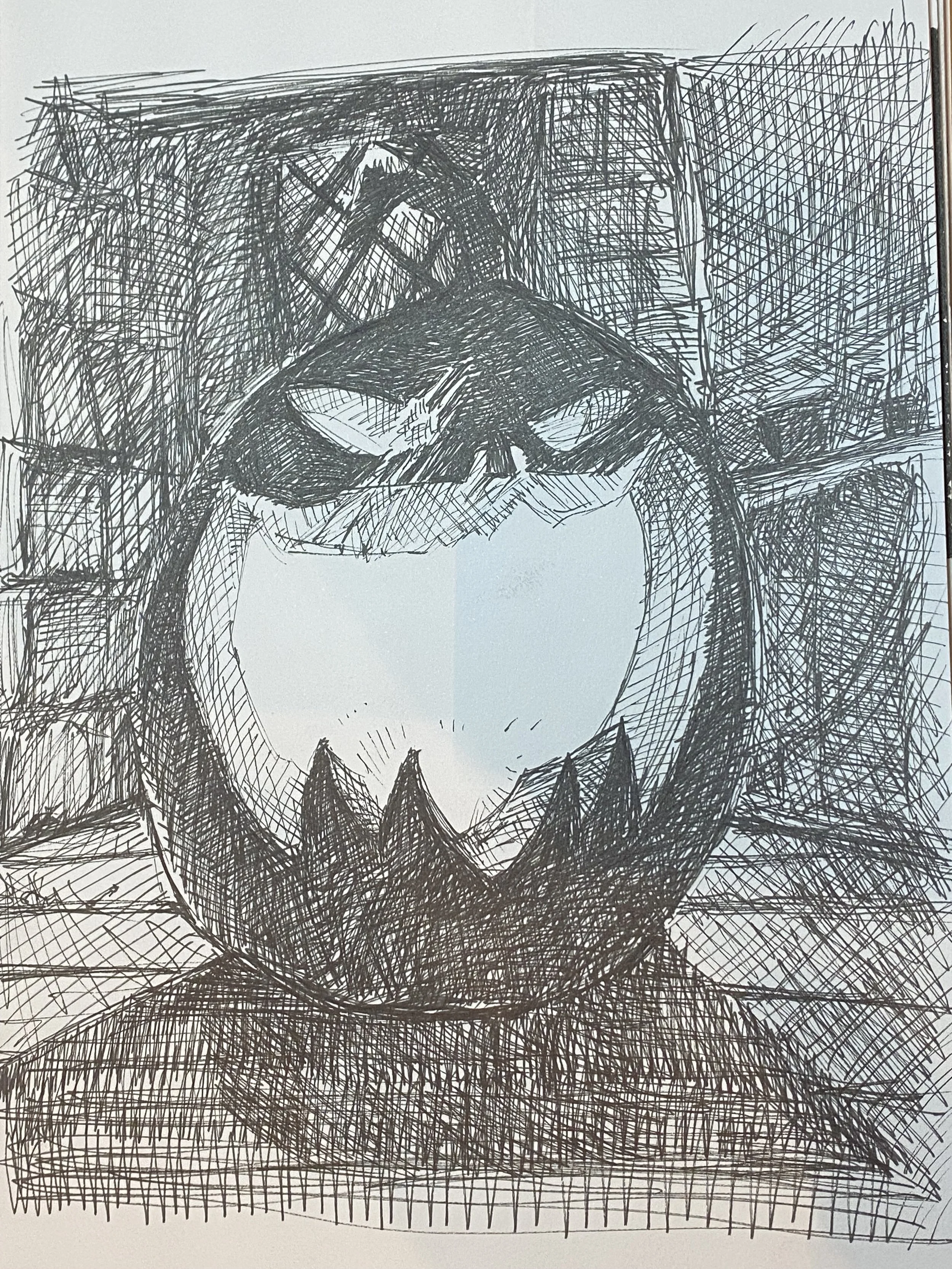 A black ink sketch of a pumpkin with sharp teeth and angry eyes, surrounded by crosshatched shading and background textures.