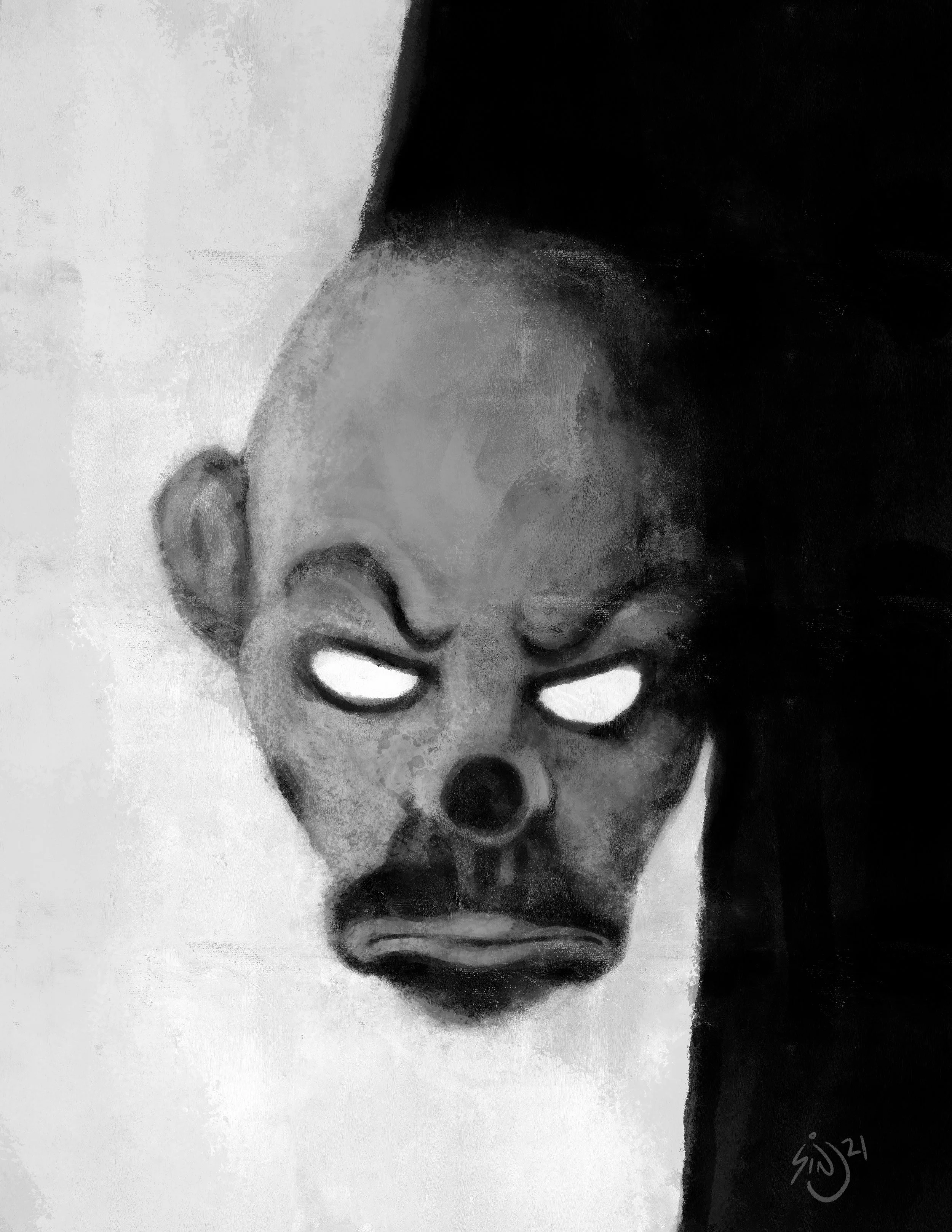 Black and white painting of a figure with a human face and skull-like features, glowing eyes, and an angry expression.