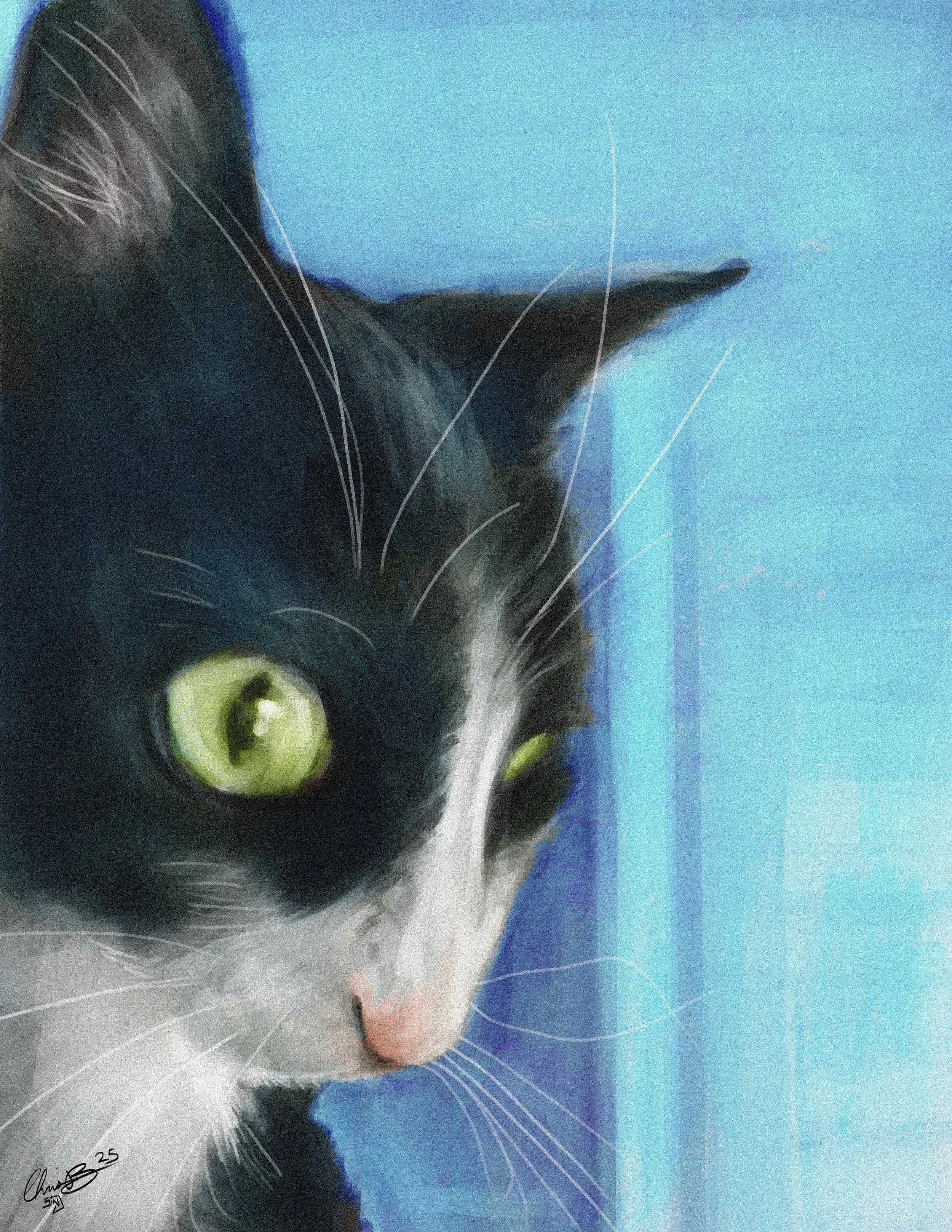 A close-up painting of a black and white cat with green eyes, looking to the right, against a blue background.
