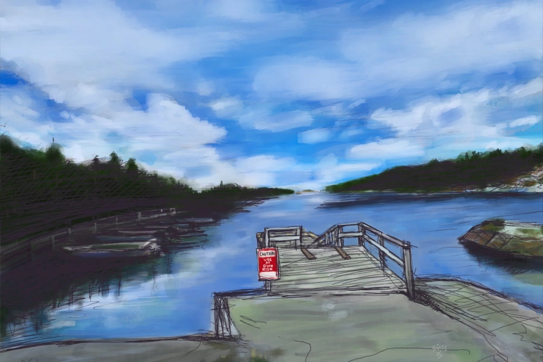 Digital painting of a river scene with a dock in the foreground, a boat to the left, rocks on the right, and lush green trees on both sides, under a partly cloudy blue sky.