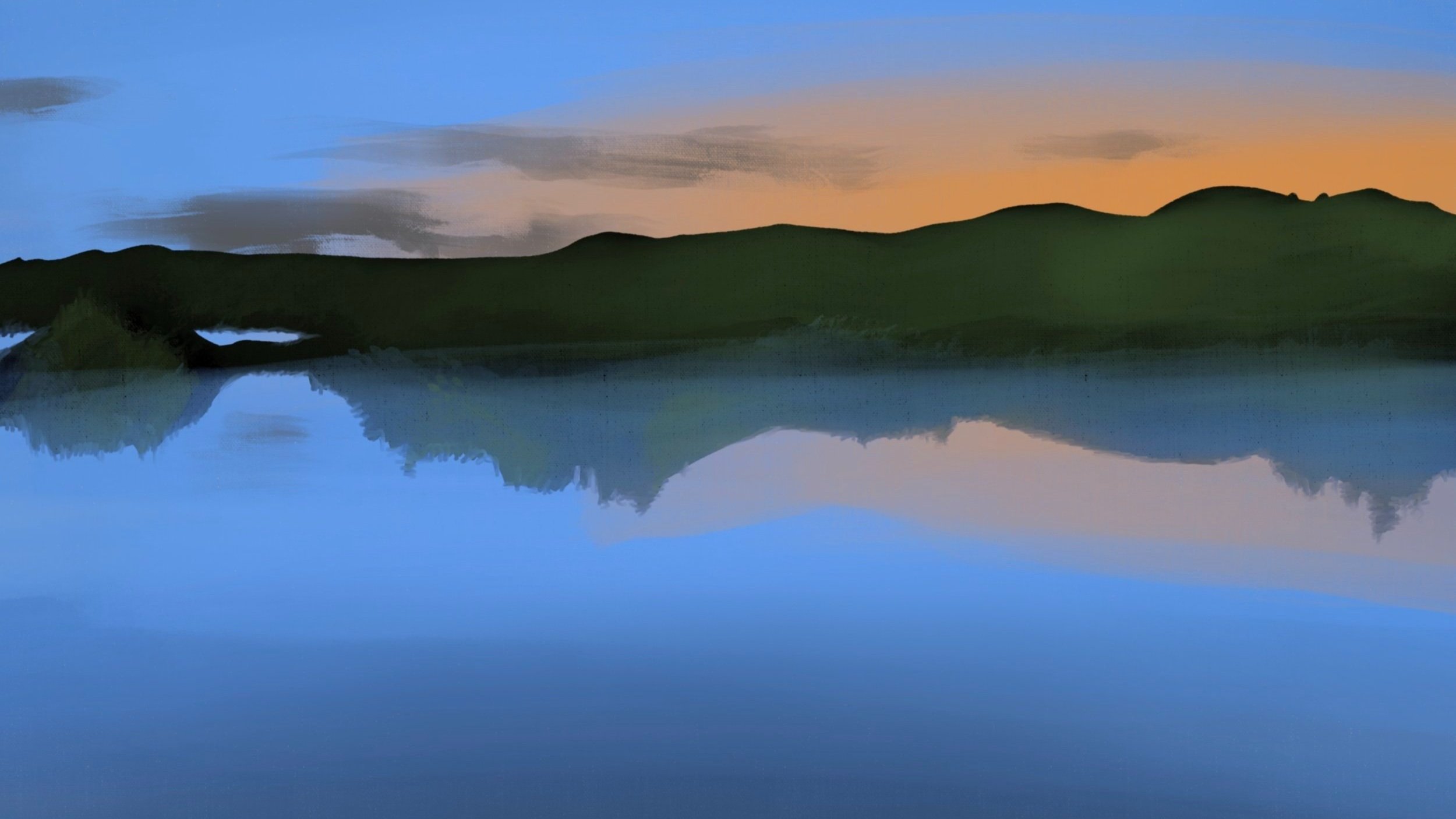 A landscape scene featuring a body of water reflecting distant green hills and a sky with soft pastel colors during sunset or sunrise.