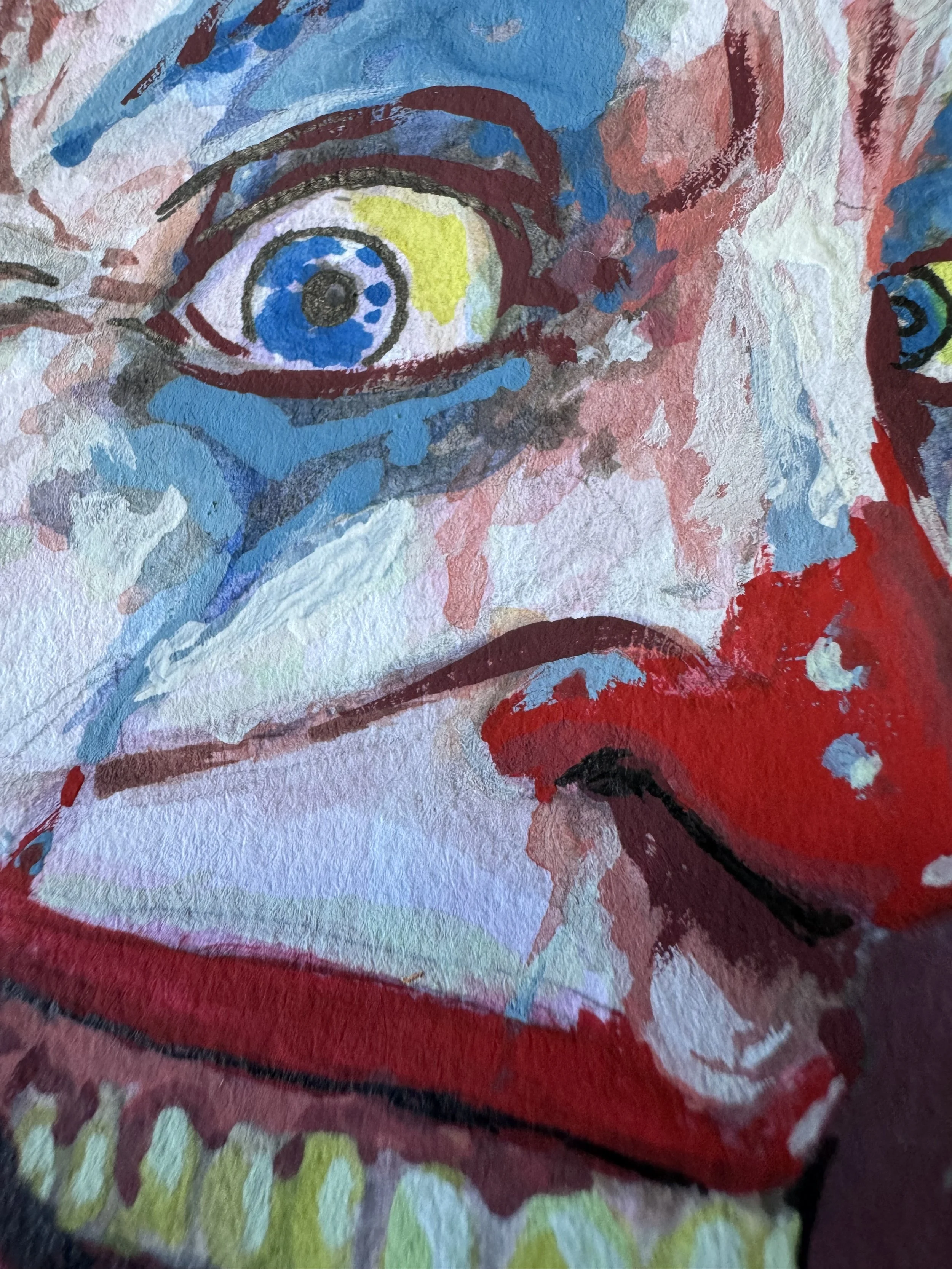 Close-up of an abstract watercolor painting of a person's face, highlighting their eye, nose, and red lips, with bold and expressive brushstrokes.
