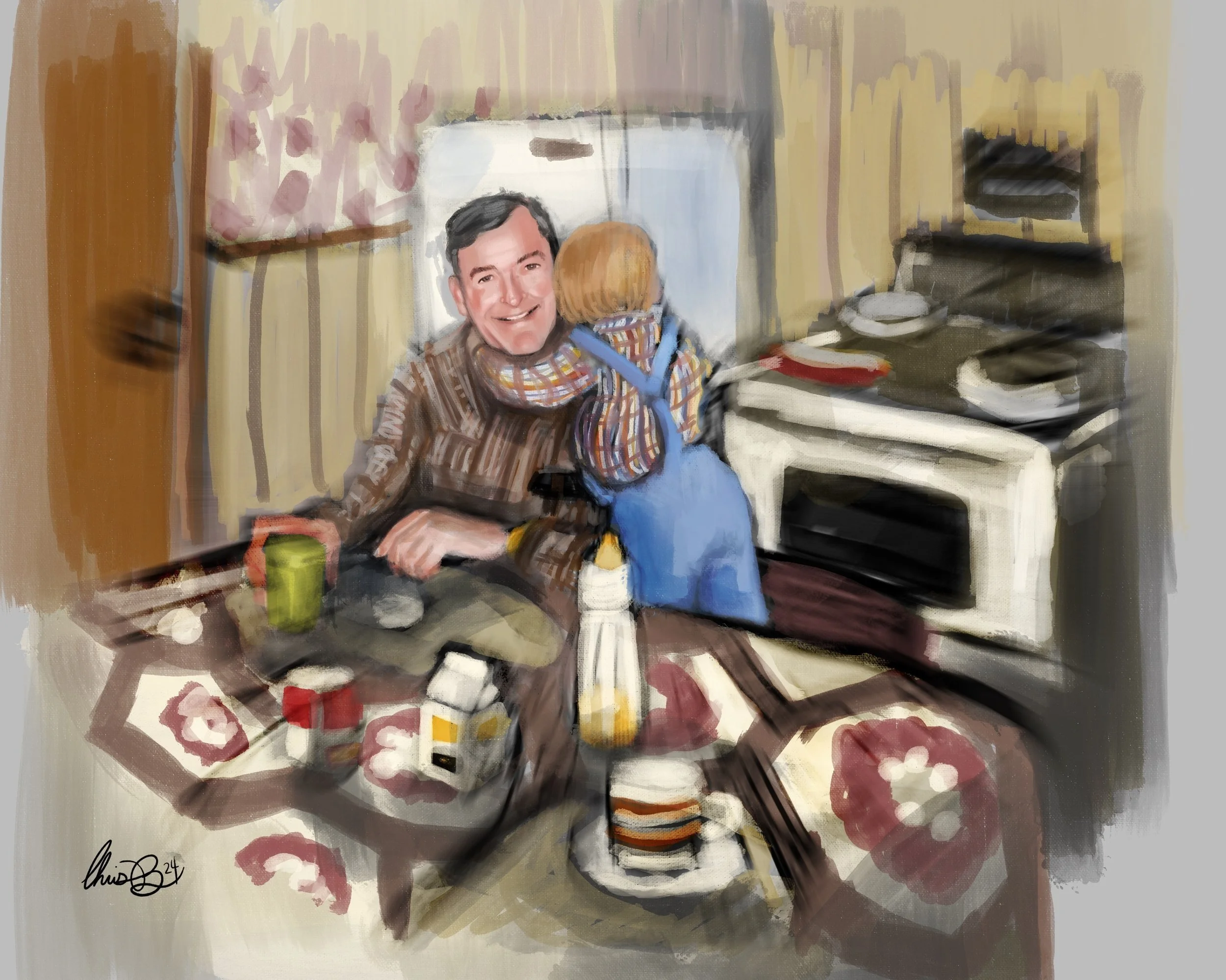 A man and a child in a kitchen. The man is smiling and holding a green mug, while the child, wearing a blue apron, is hugging him. The kitchen has a stove, and the table is covered with various condiments and bottles.