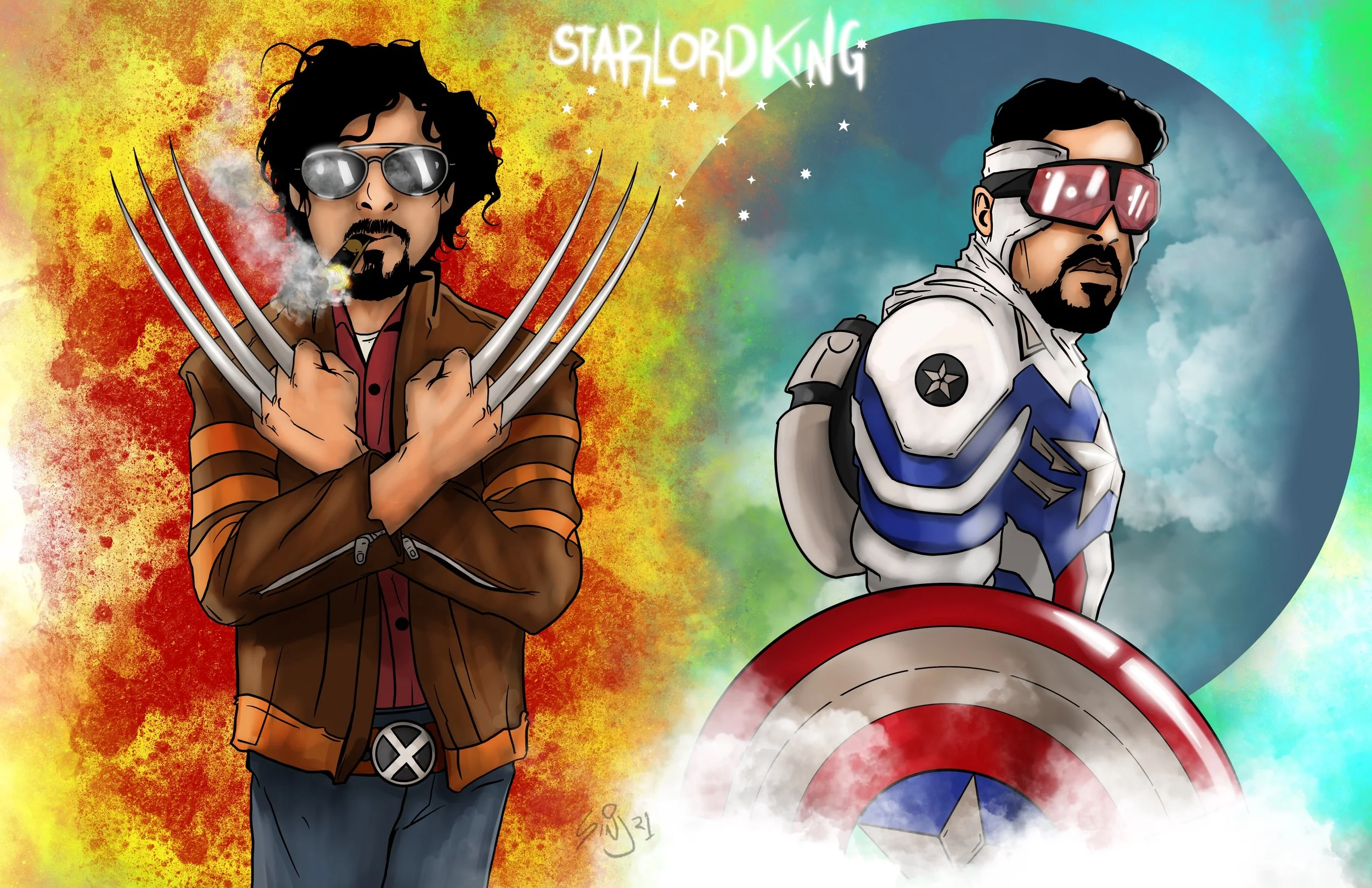 A colorful digital illustration of two male characters resembling Deadpool and Captain America from Marvel comics. The character on the left is with curly hair, sunglasses, dressed in a brown jacket, holding claws, and smoking. The background behind 