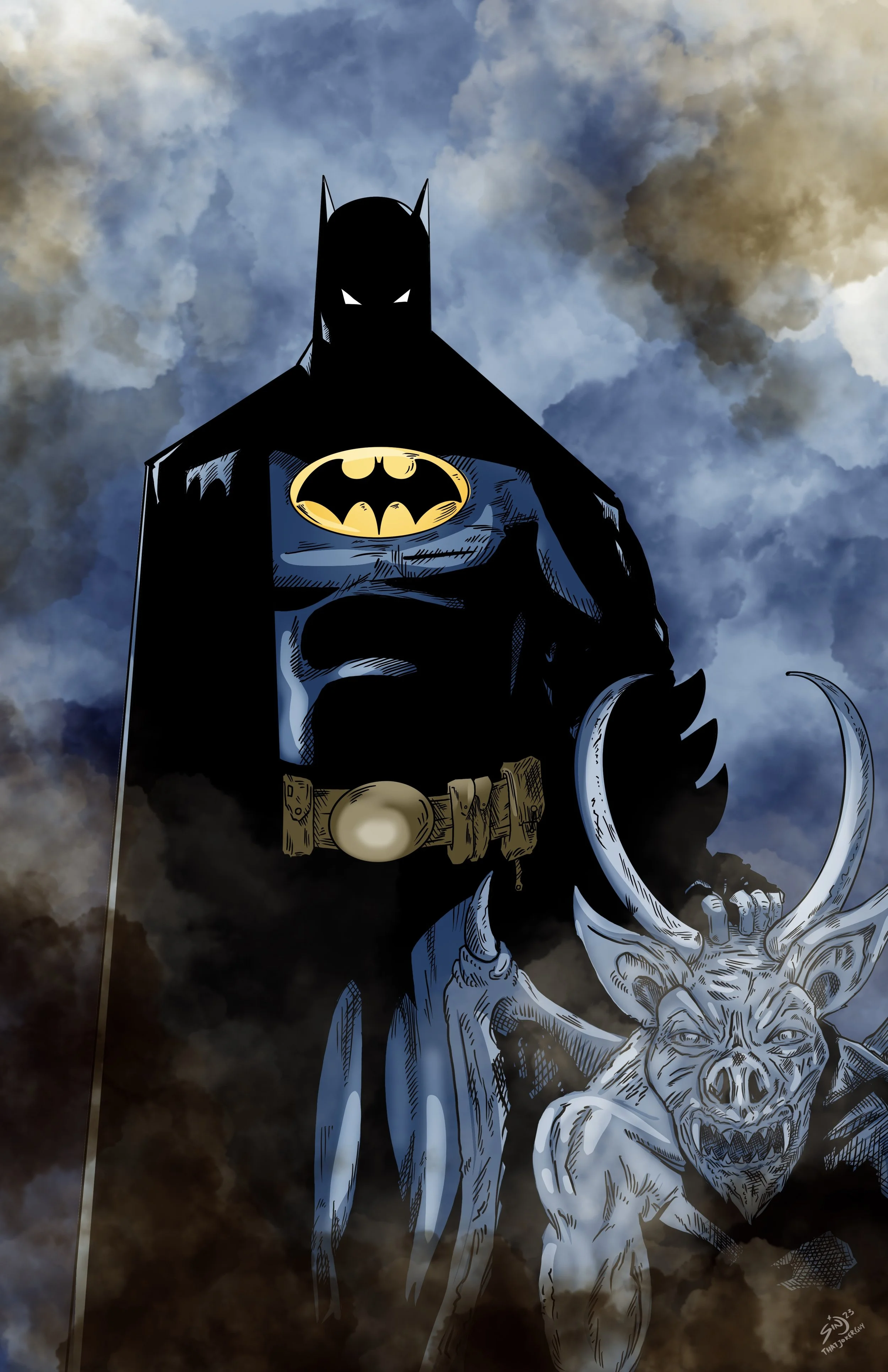 Batman standing in front of a smoky sky, holding a snarling, winged creature with horns.