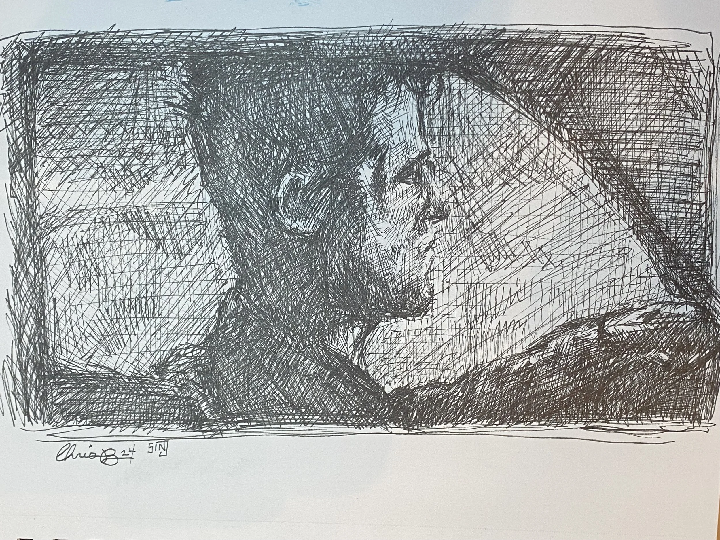 A detailed pen sketch of a woman driving a car, seen in profile, with her eyes focused ahead.