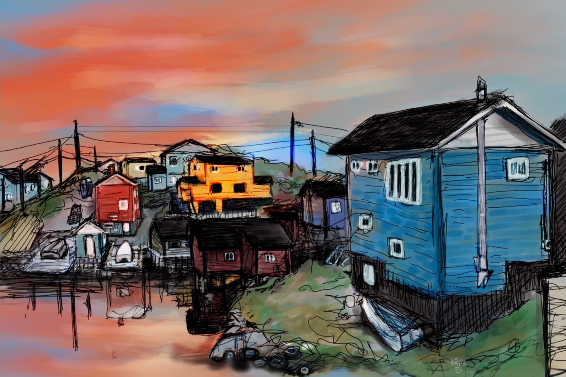 Colorful digital illustration of a hillside neighborhood at sunset, with houses in various colors including blue, red, yellow, and white, and power lines against a vibrant sky.