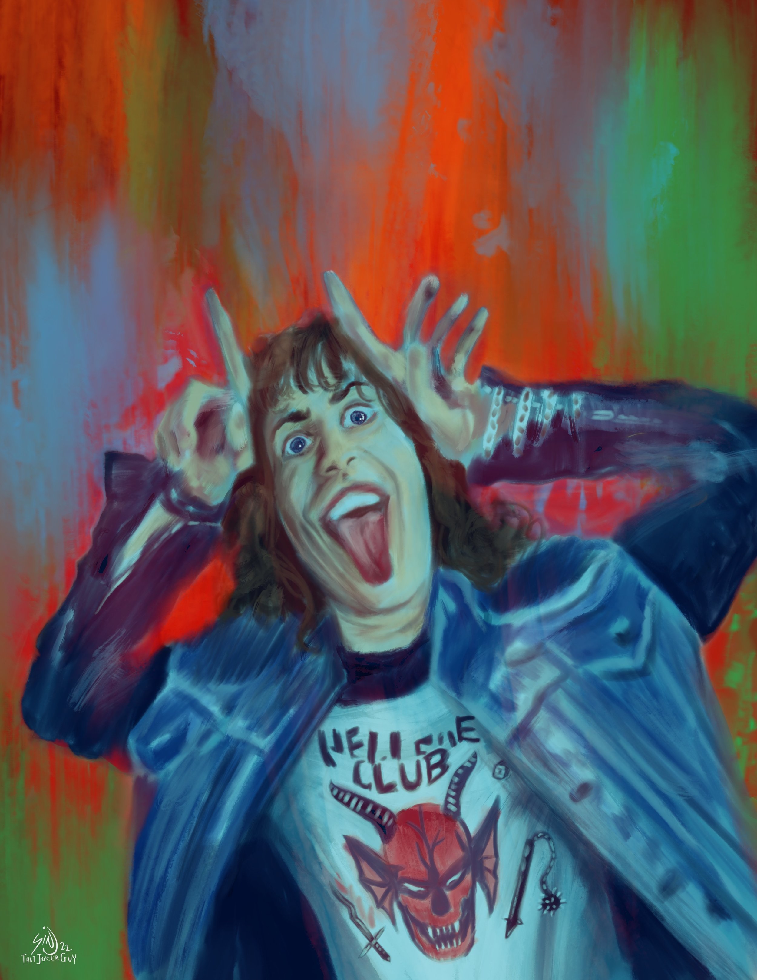 A person with long dark hair making a wild expression with tongue out and hands on head, wearing a painted T-shirt with a red devil face and the words 'Hellfire Club', blue jacket, and multiple bracelets, against a colorful abstract background.