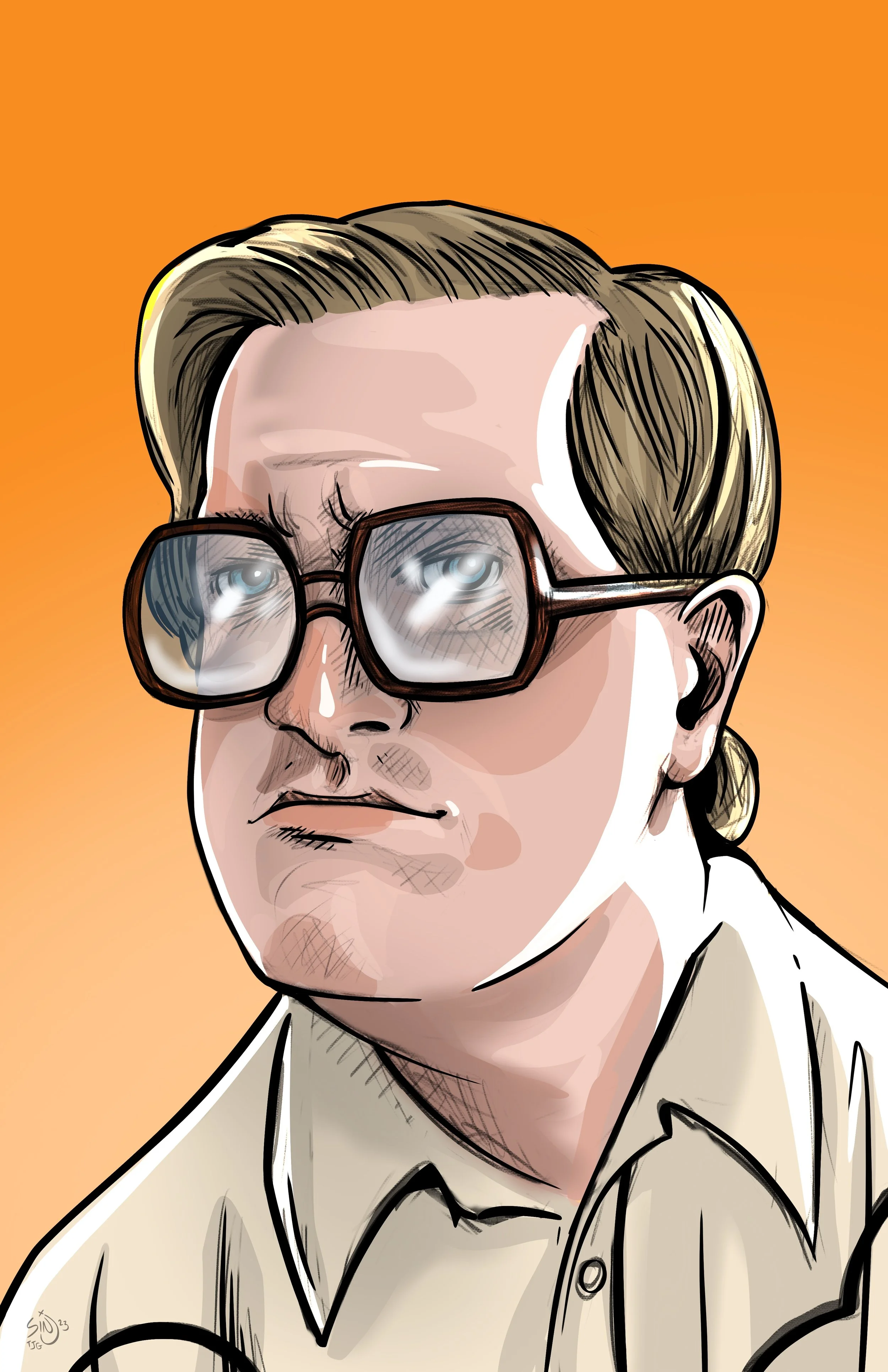 Digital illustration of a young man with light brown hair wearing large glasses and a beige shirt against an orange background.