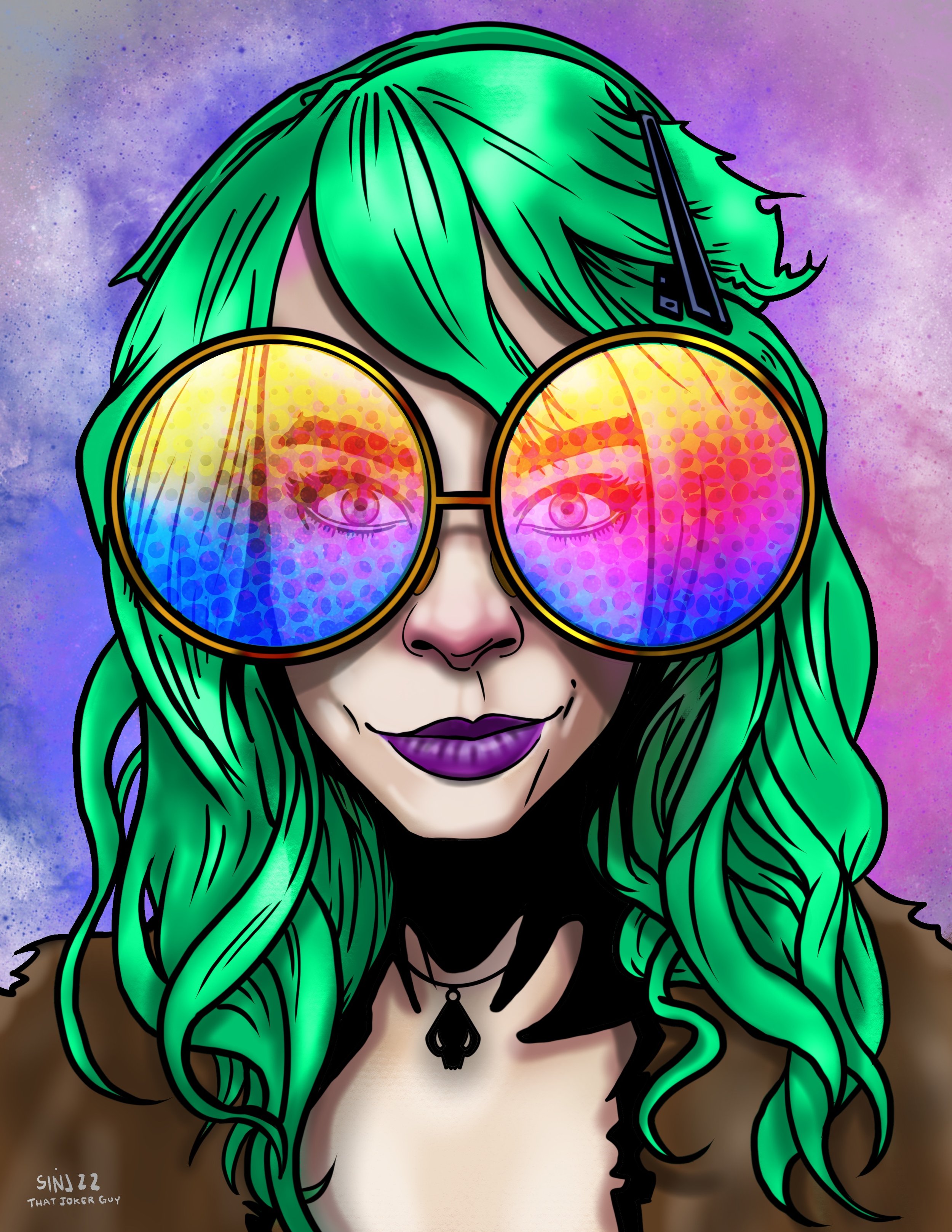 Digital illustration of a woman with bright green hair wearing large, rainbow-colored sunglasses that reflect her eyes, with a purple and blue galaxy background.