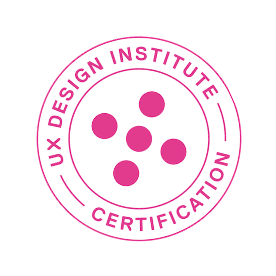 UXDI Certification seal from UX Design Institute featuring pink dots arranged in a circle with the words "UX Design Institute Certification" around the perimeter.