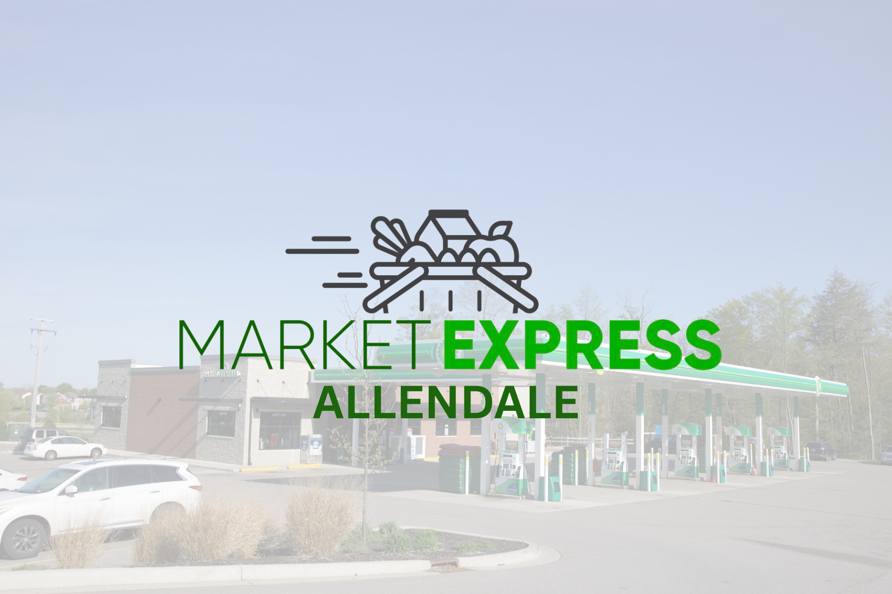 Convenience store labeled 'Market Express' with a graphic logo featuring produce.