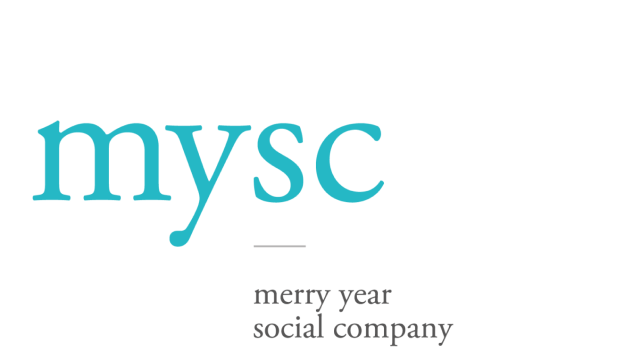 Logo with the text 'mysc' in large blue font, and 'merry year social company' in smaller gray font below, on a black background.