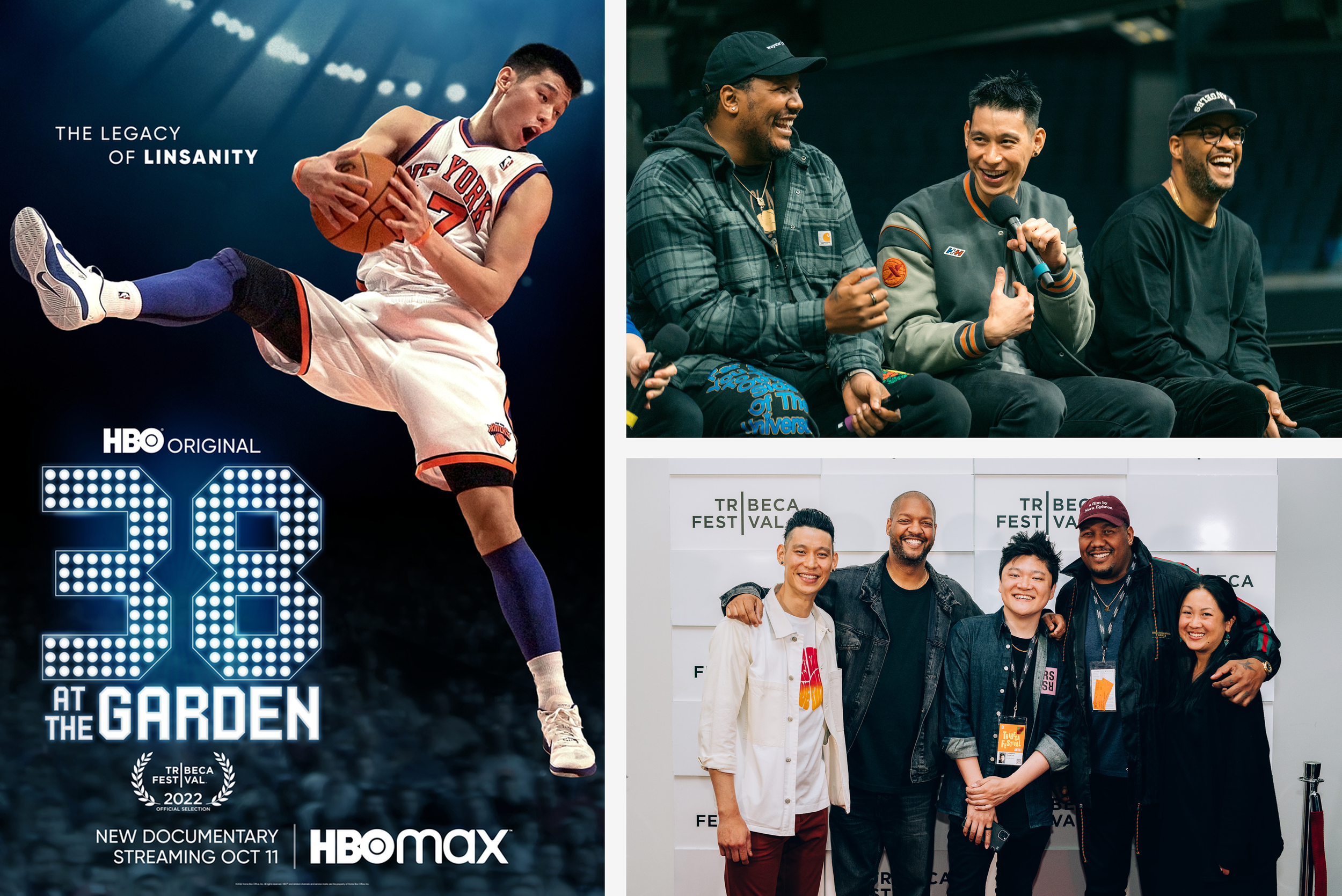 Promotional poster for the documentary '38 at the Garden' on HBO Max, featuring a basketball player mid-air with a basketball, a group of four men and women at an event with a white background and 'Tribeca Fest' text, and three men at a panel or interview event with microphones, smiling.