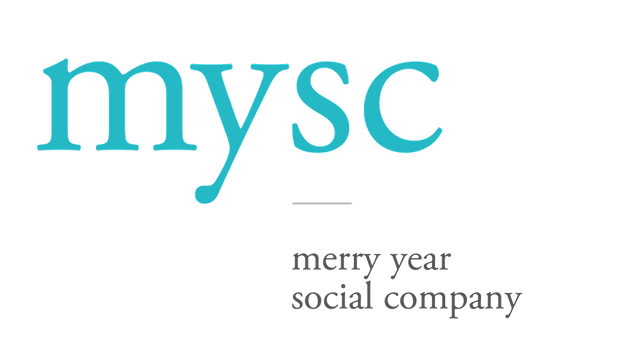 Logo for mysc, a merry year social company, with turquoise 'my' and 'sc' and gray text beneath.
