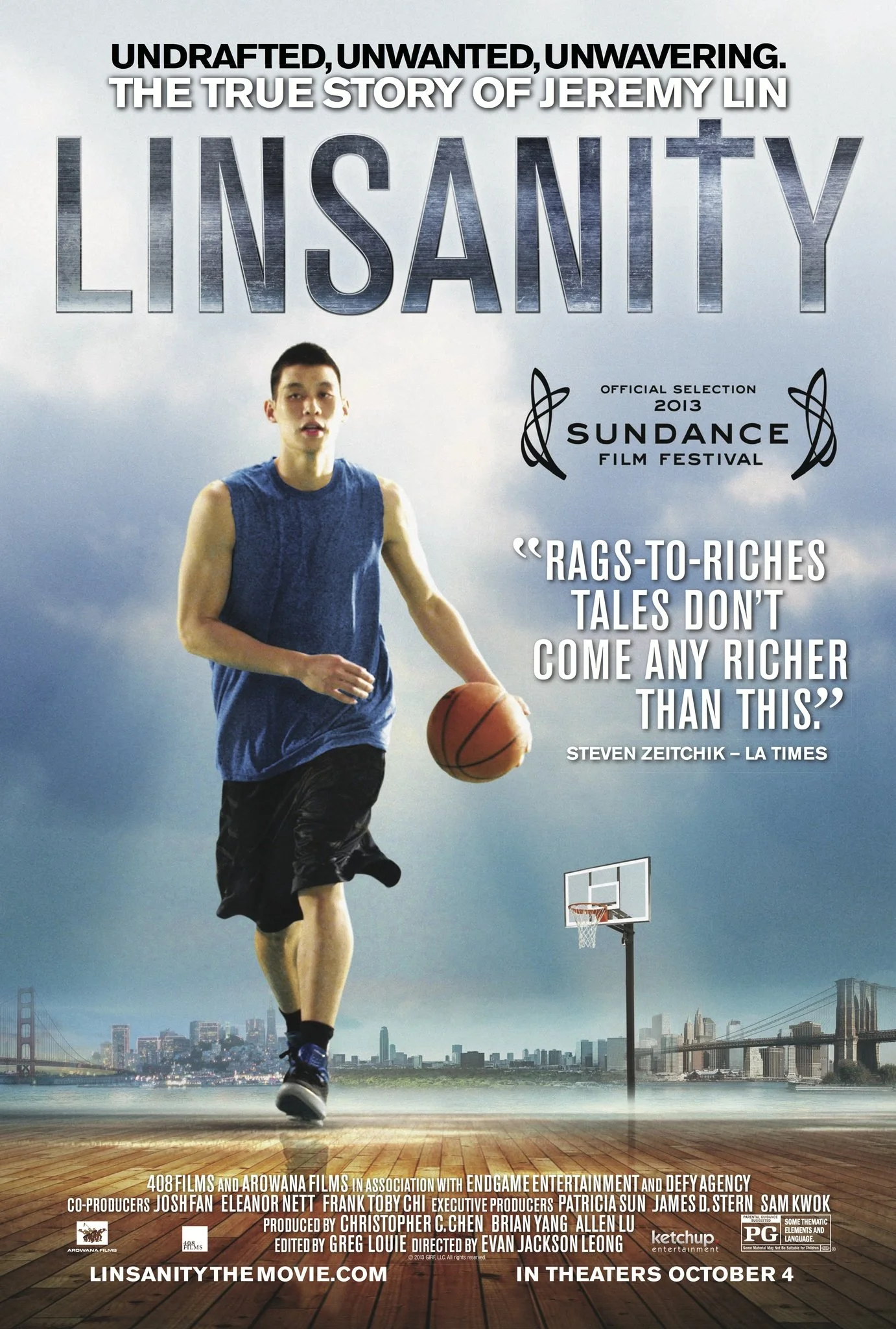 A movie poster for "Linsanity" featuring a young man wearing a blue sleeveless shirt and black shorts, dribbling a basketball on a basketball court with a city and skyline in the background. The poster includes text highlighting it as a true story, with awards and quotes.