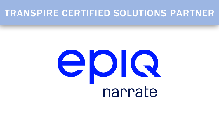 Logo featuring the text 'epiq' in blue and 'tmx' in gray, with a banner above stating 'Transpire Certified Solutions Partner'.