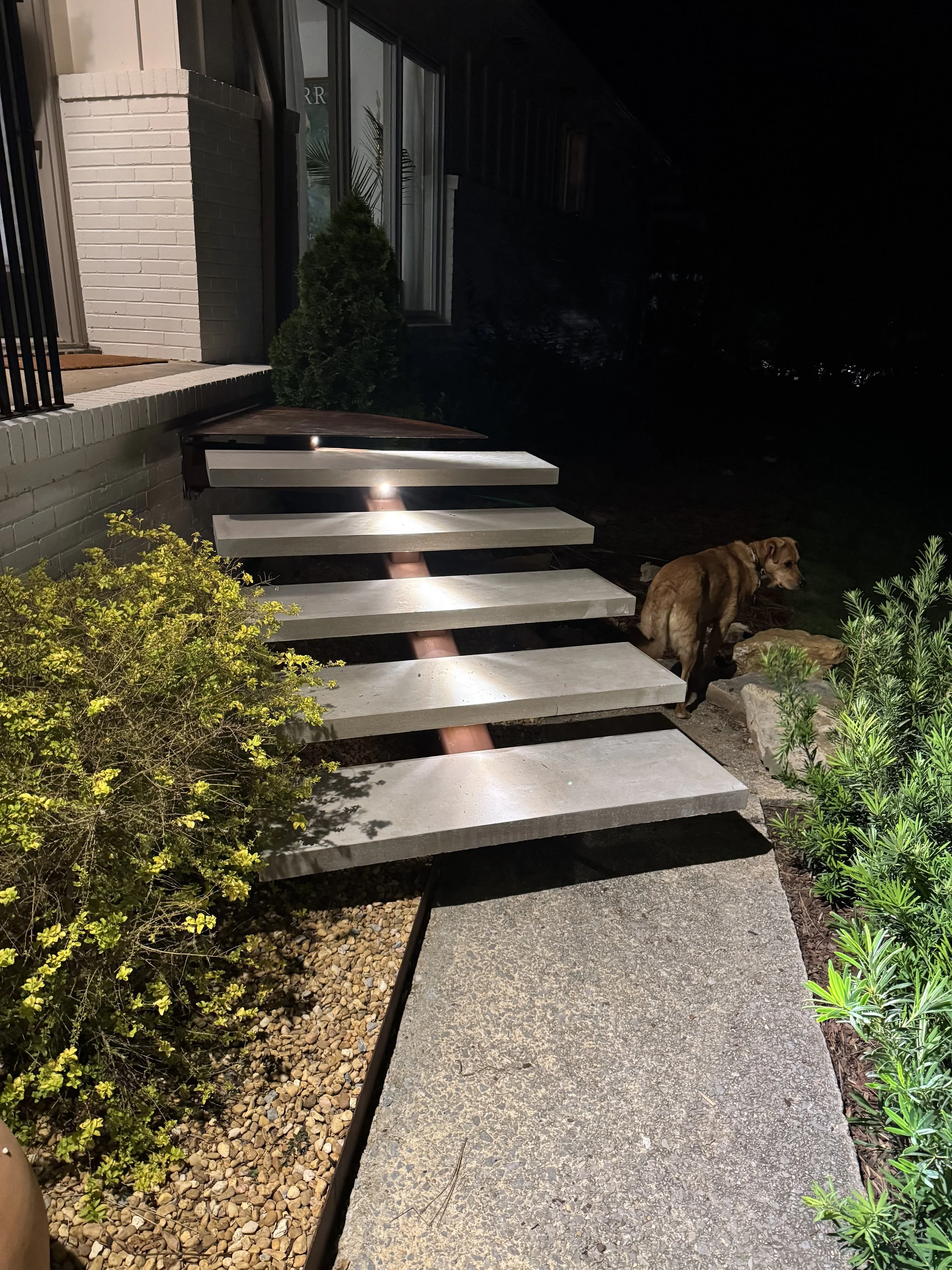 A nighttime shot of a house exterior showing a modern staircase with floating concrete steps, a small bush on the left, a large bush on the right, and a golden retriever standing on the ground near the bush on the right. The house has a white brick wall and large glass windows.