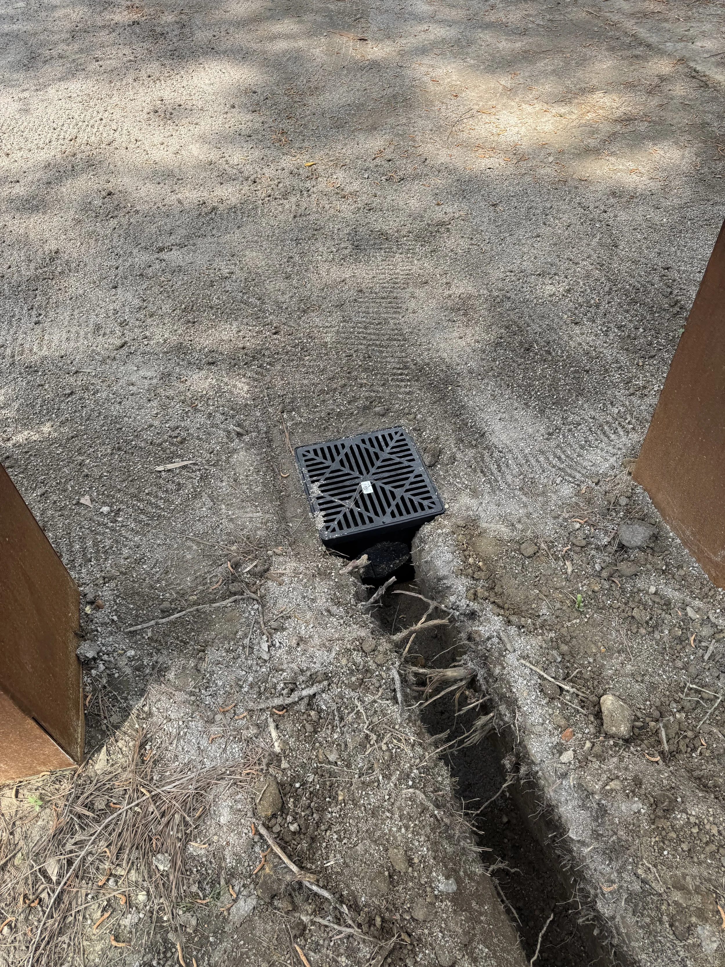 A black drain cover on the ground with a small hole in the center, surrounded by dirt, concrete, and some debris like sticks and pine needles.