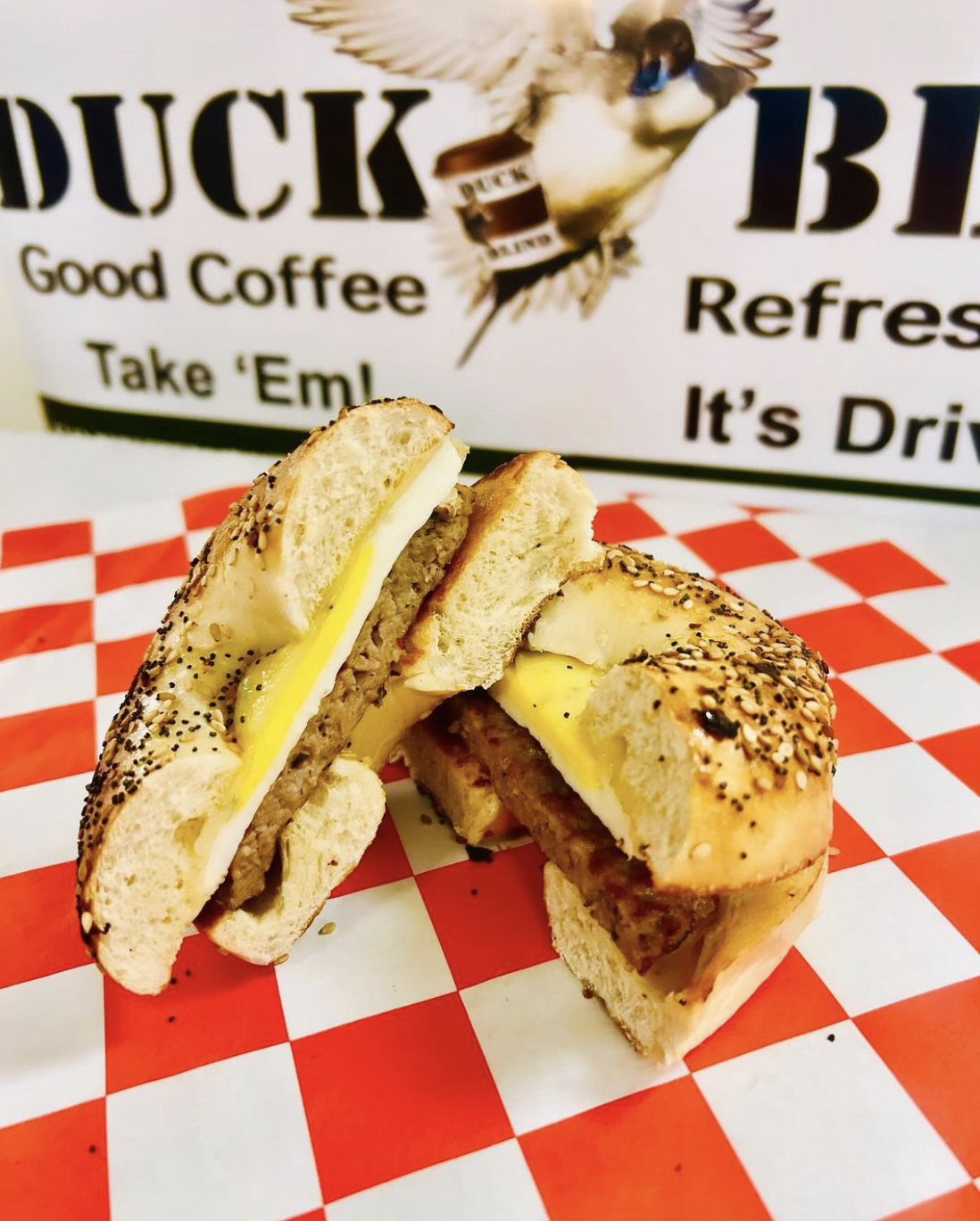 Handcrafted bagel breakfast sandwich at Duck Blind Drive-Thru