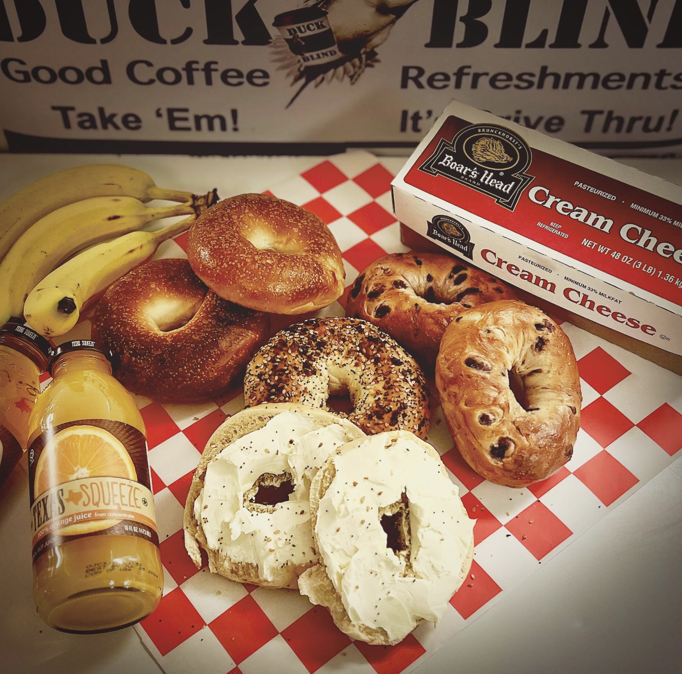 Fresh bagels and Boar's Head cream cheese at Duck Blind Drive-Thru. 