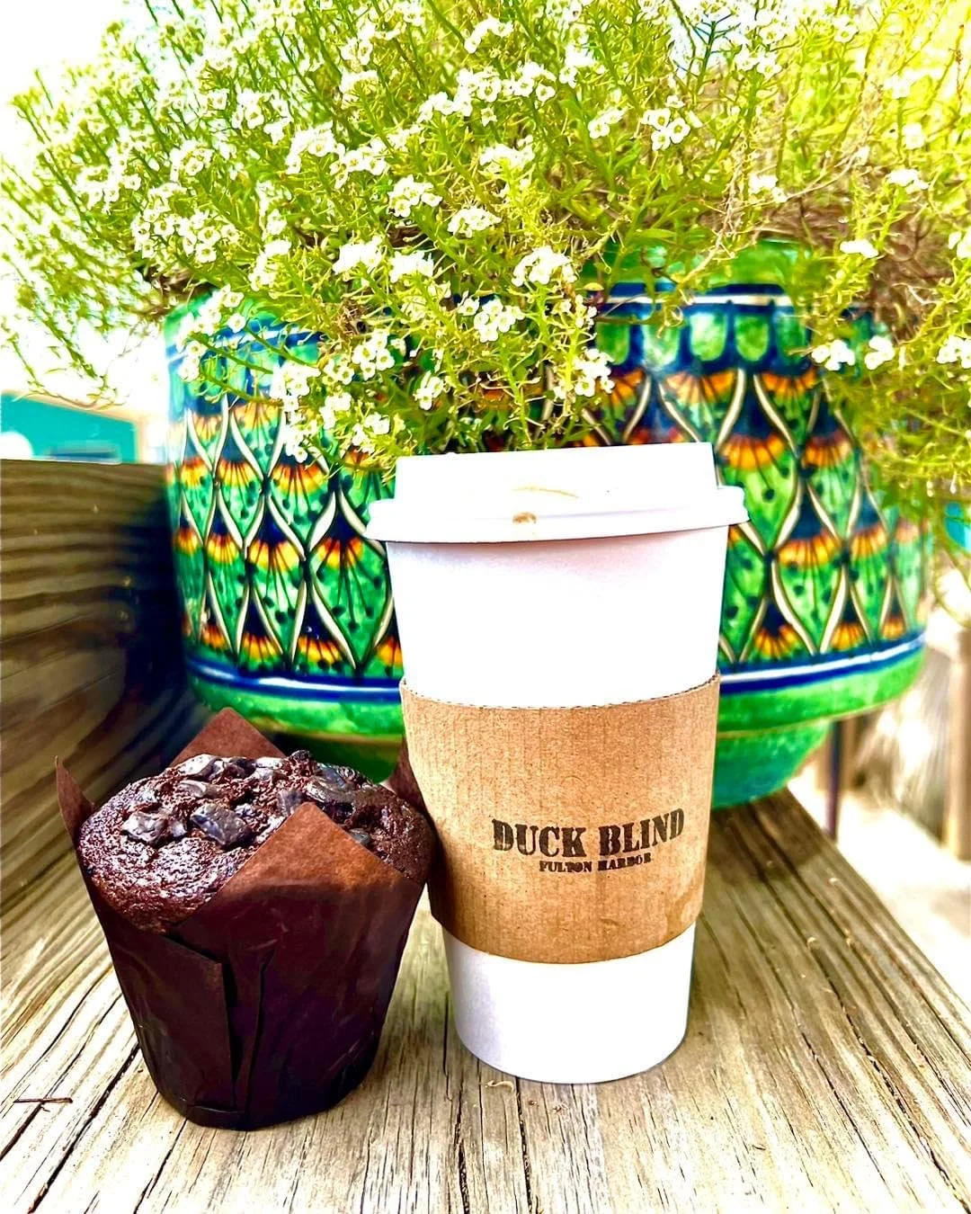 Duck blind coffee drink and fresh baked muffin.