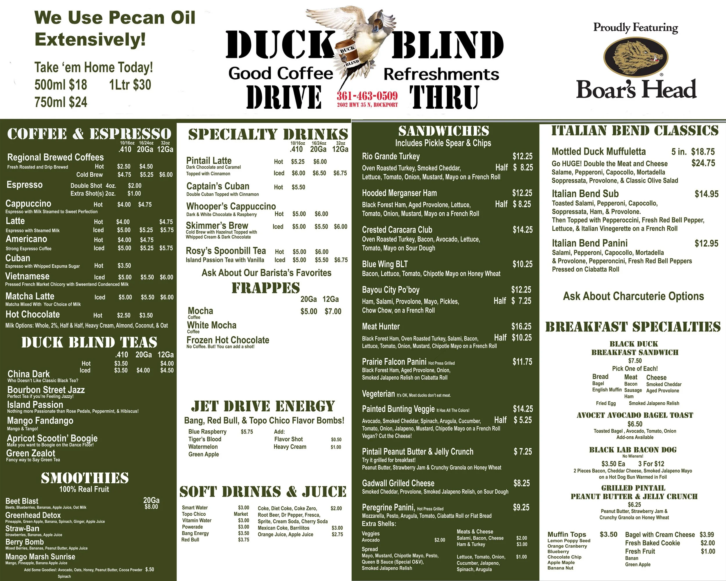 Duck blind's drive-thru sandwiches and drinks menu