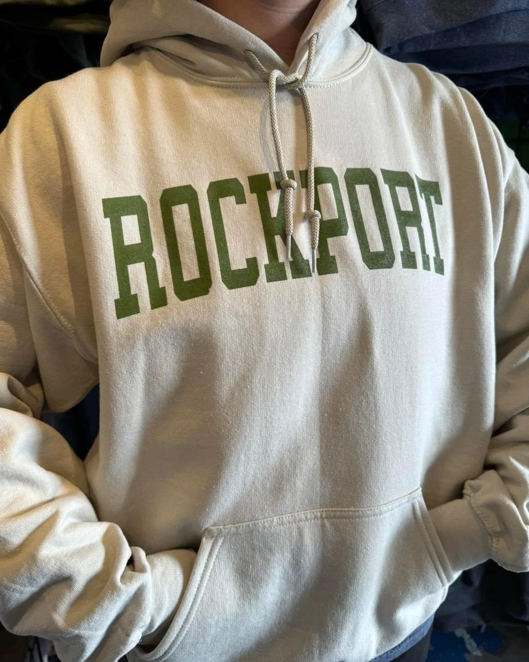 Rockport souvenir hoodie from Duck Blind Coffee and Refreshments in Fulton, Texas. 