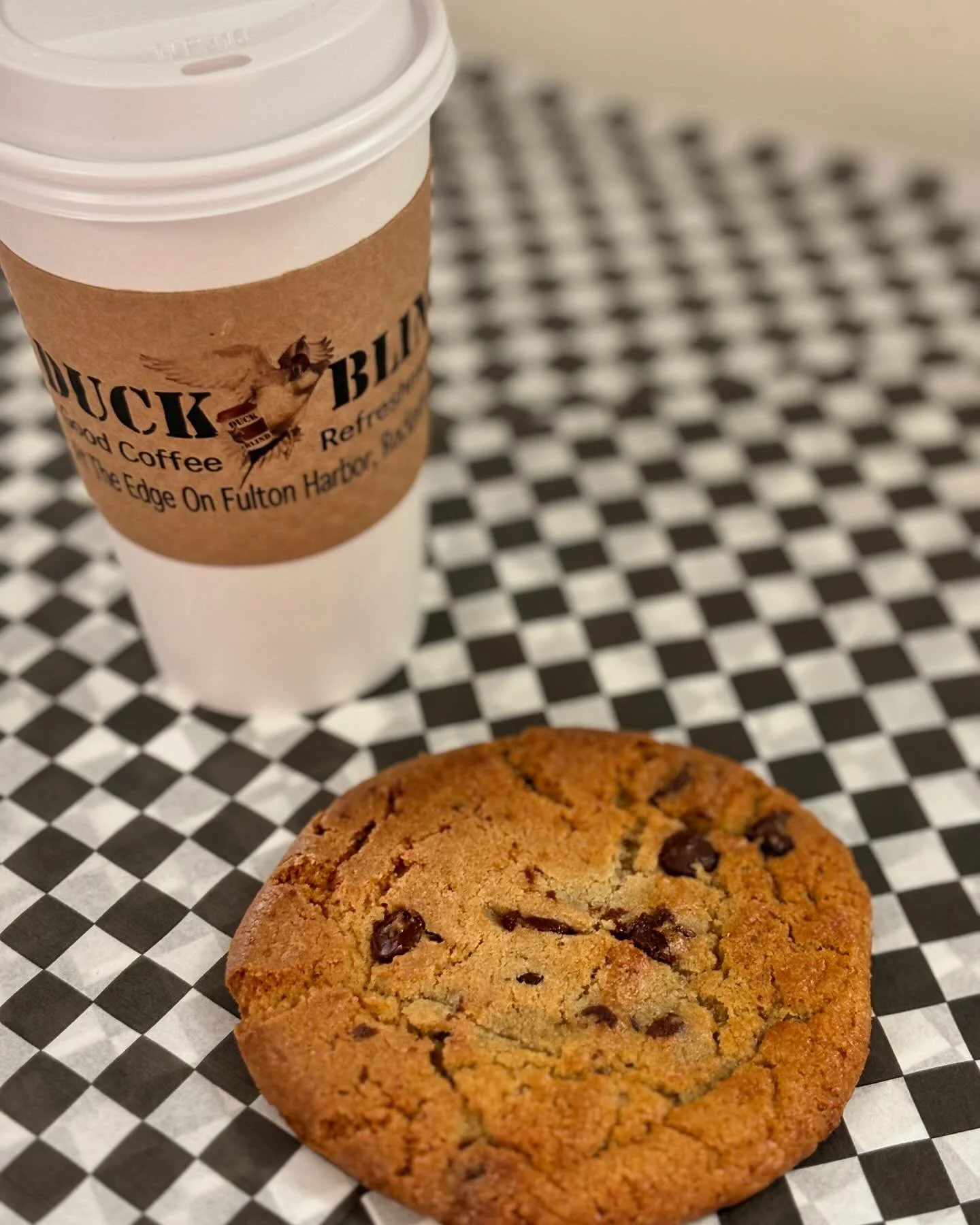 Duck blind hot coffee with a fresh baked cookie. 