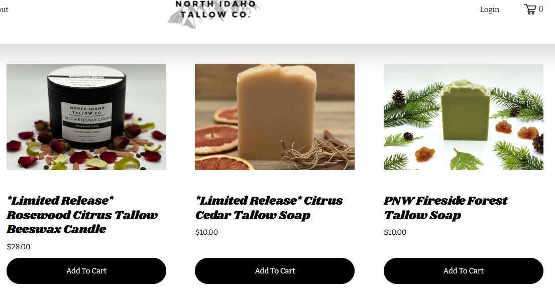 Three artisanal soap products and one candle on a website. First is a candle labeled 'Rosewood Citrus Tallow Beeswax Candle' with flower petals around it. Middle is a soap bar with grapefruit slices beside it. Third is a soap bar with pine branches and pinecones around it.