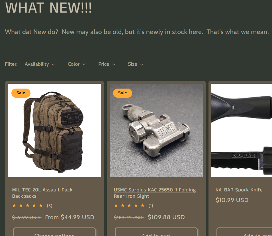 Online store webpage displaying three items with sale tags: tactical backpack, folding rear iron sight, and spork knife, with prices and ratings.