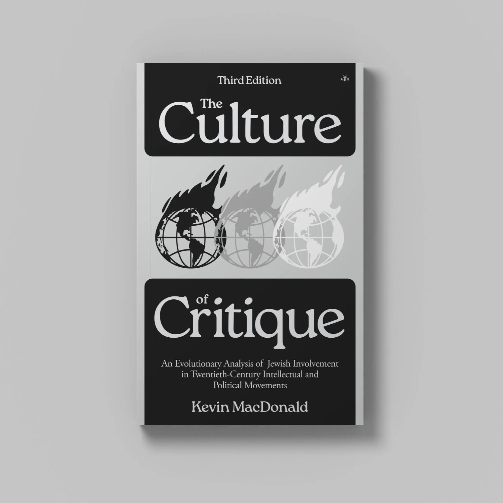 Book cover titled "The Culture of Critique" by Kevin MacDonald, third edition, featuring three globe icons with flames.