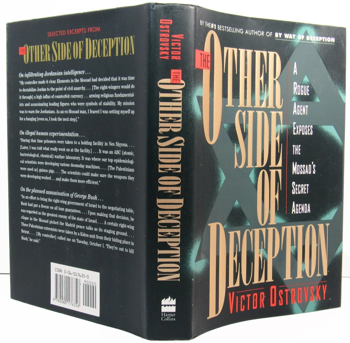 The book titled "The Other Side of Deception" by Victor Ostrovsky, with a cover design featuring geometric shapes and text highlighting themes of espionage and secrets.