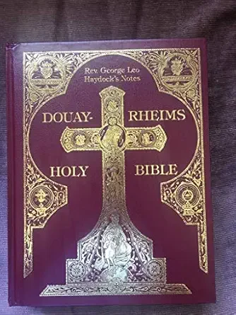 Cover of the Douay Rheims Holy Bible with a maroon background and gold decorative text and borders, featuring a prominent cross with Jesus in the center.