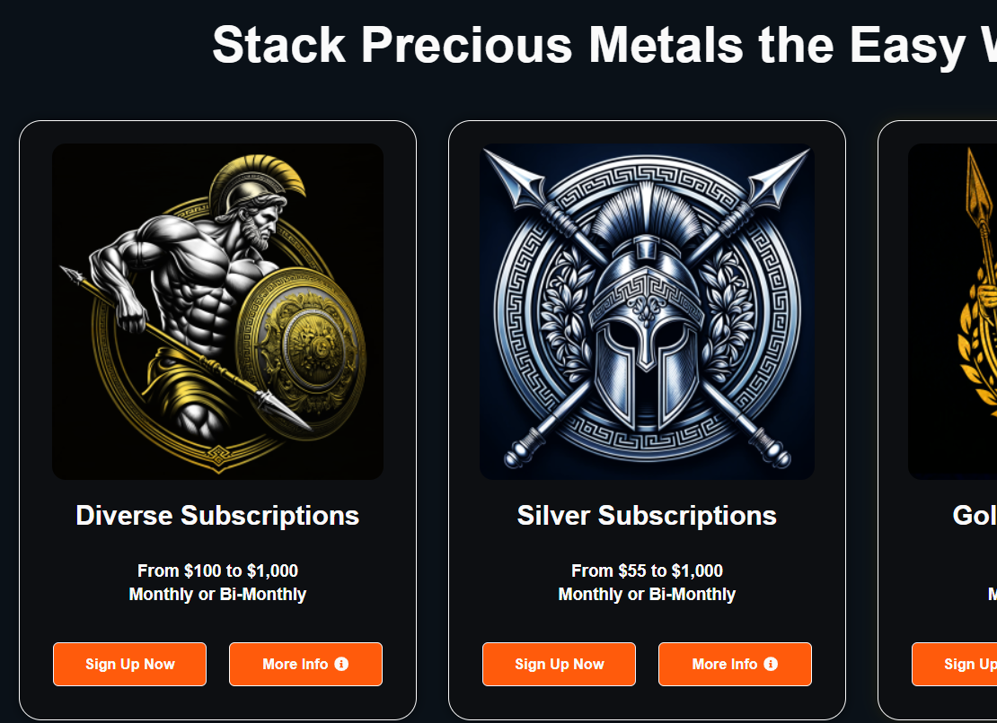 Icons representing various subscription plans for stacking precious metals, including gold and silver, with images of ancient warriors and armor.