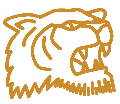 Outline drawing of a tiger's head in gold.