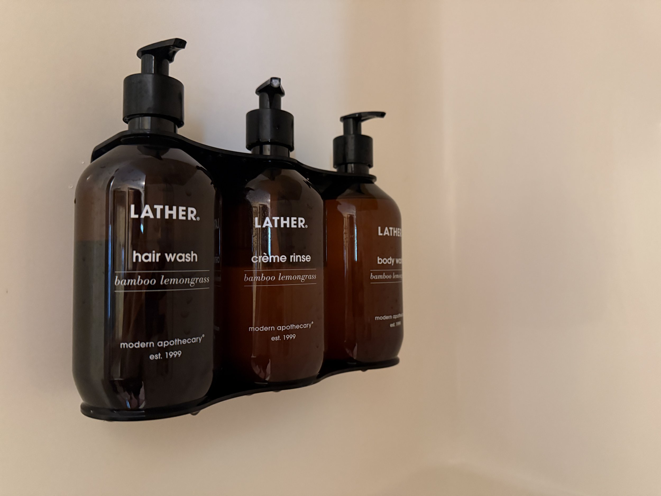 Luxury LATHER bath amenities in the cottage shower.