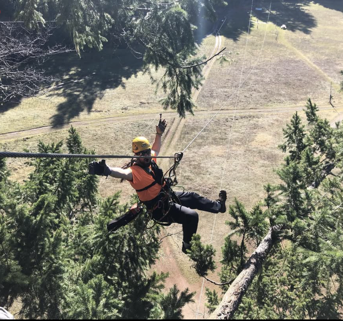 a person ziplining through the trees