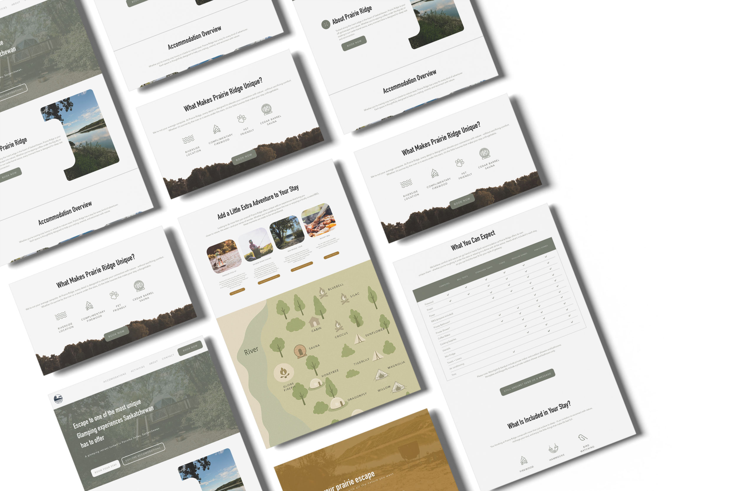 Collection of website design mockups for a rustic outdoor lodging or campground, featuring pages about accommodation, amenities, attractions, a map, and package details.