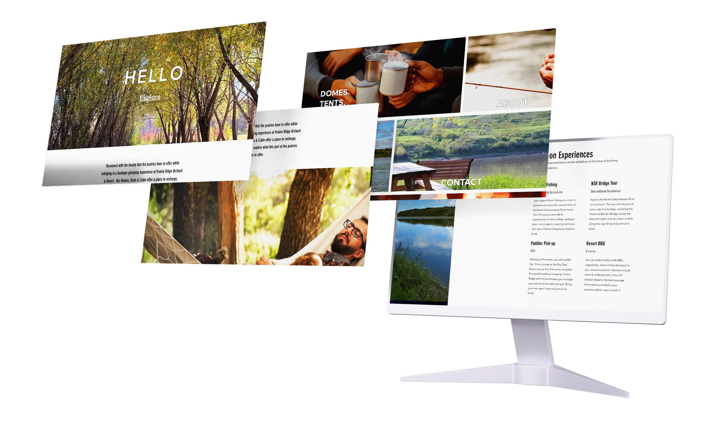 Computer monitor displaying a webpage with photos of nature scenes, outdoor activities, and text about camping, river tours, and BBQs.