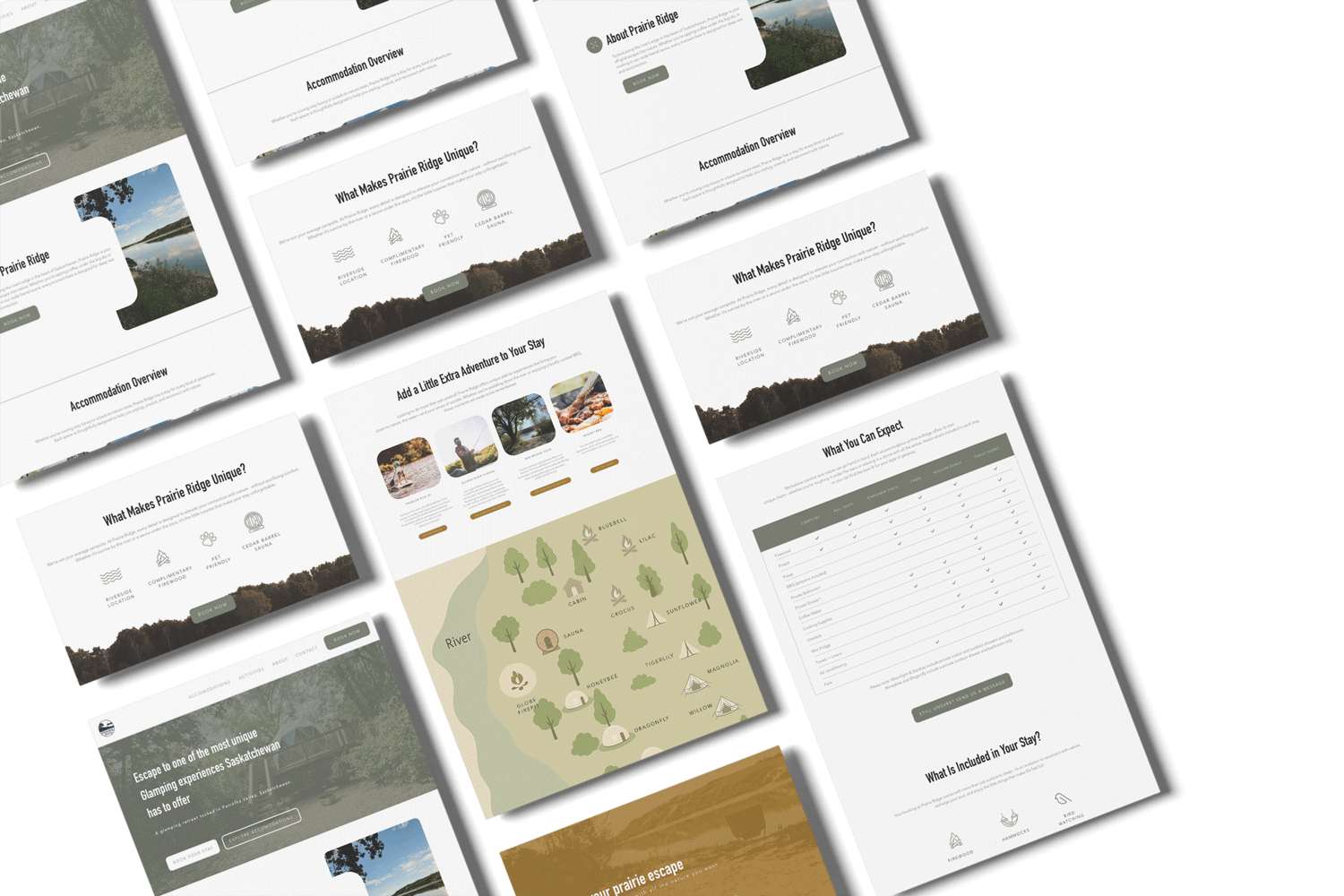 Multiple webpage layouts for Prairie Ridge, showcasing amenities, location, attractions, and booking options with images of nature, trees, and outdoor scenes.